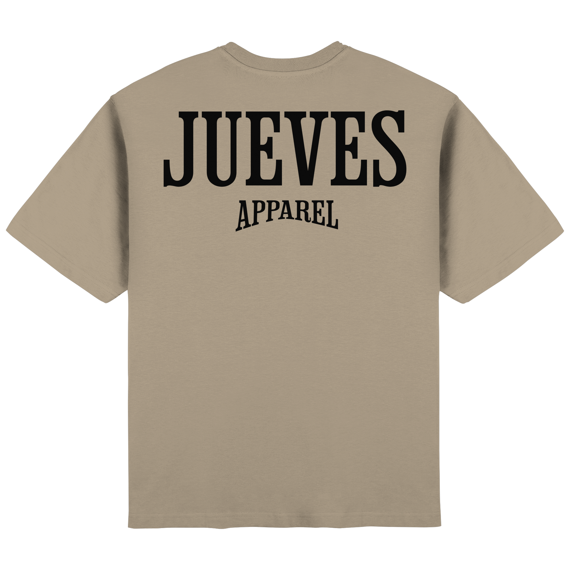 Rückansicht des beige Oversized T-Shirts von Jueves Apparel mit Rückendruck – urbaner Streetwear-Look aus 100 % Baumwolle