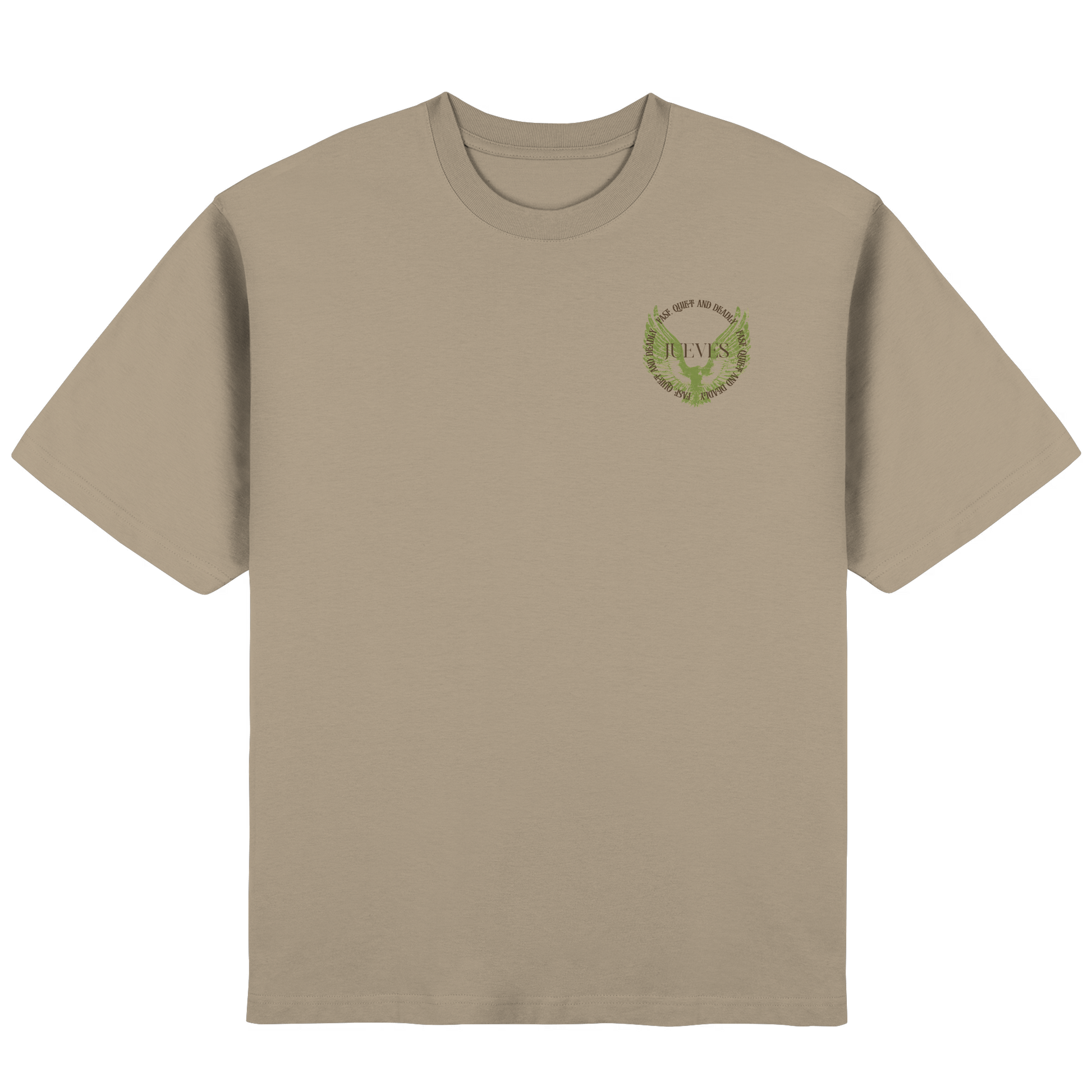 Frontansicht des beigen Oversized T-Shirts von Jueves Apparel mit Brustdruck – urbaner Streetwear-Look aus 100 % Baumwolle
