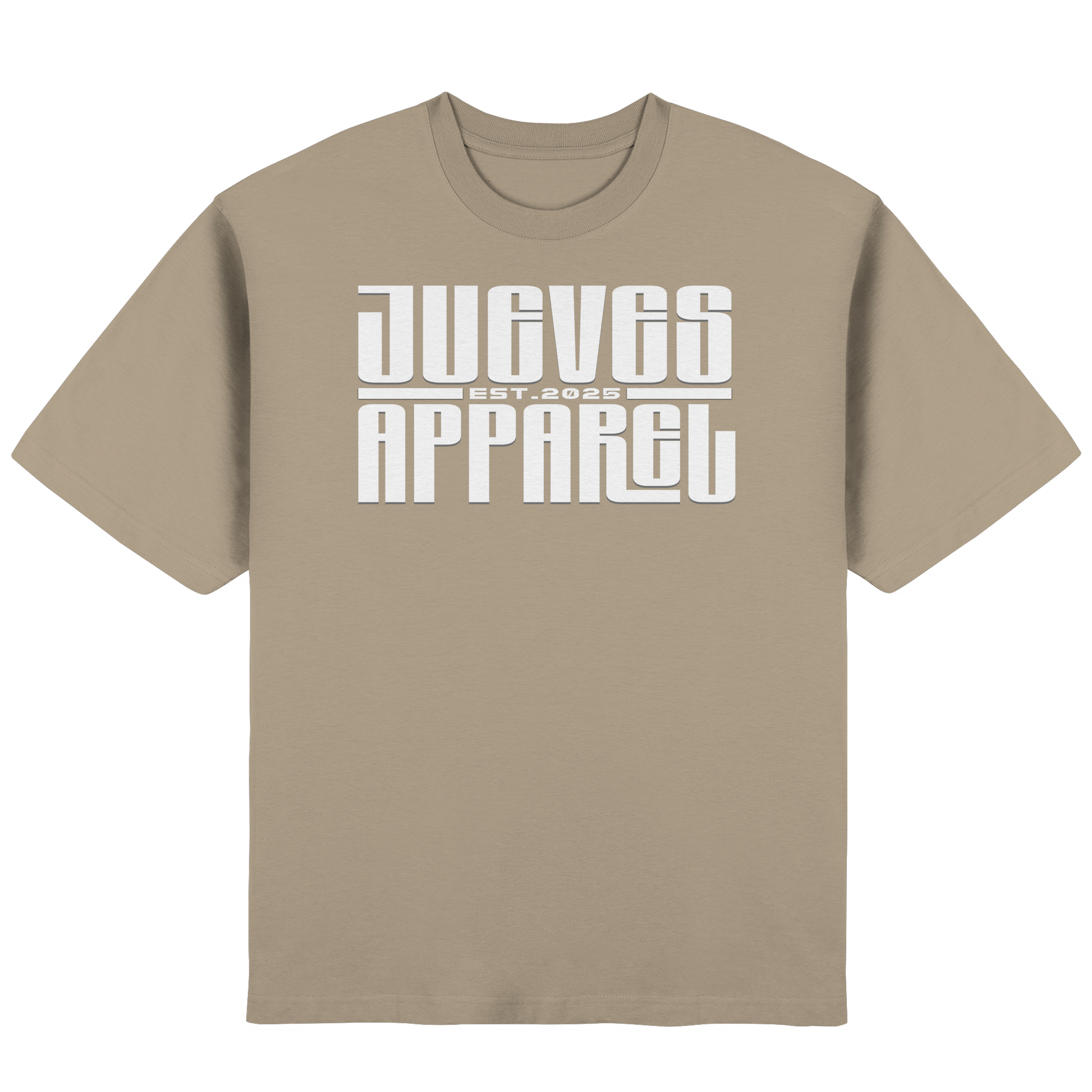 Frontansicht des beigen Oversized T-Shirts von Jueves Apparel mit Brustdruck – urbaner Streetwear-Look aus 100 % Baumwolle