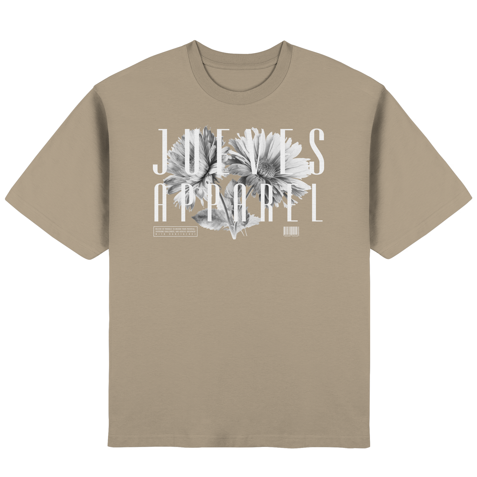 Frontansicht des beigen Oversized T-Shirts von Jueves Apparel mit Brustdruck – urbaner Streetwear-Look aus 100 % Baumwolle