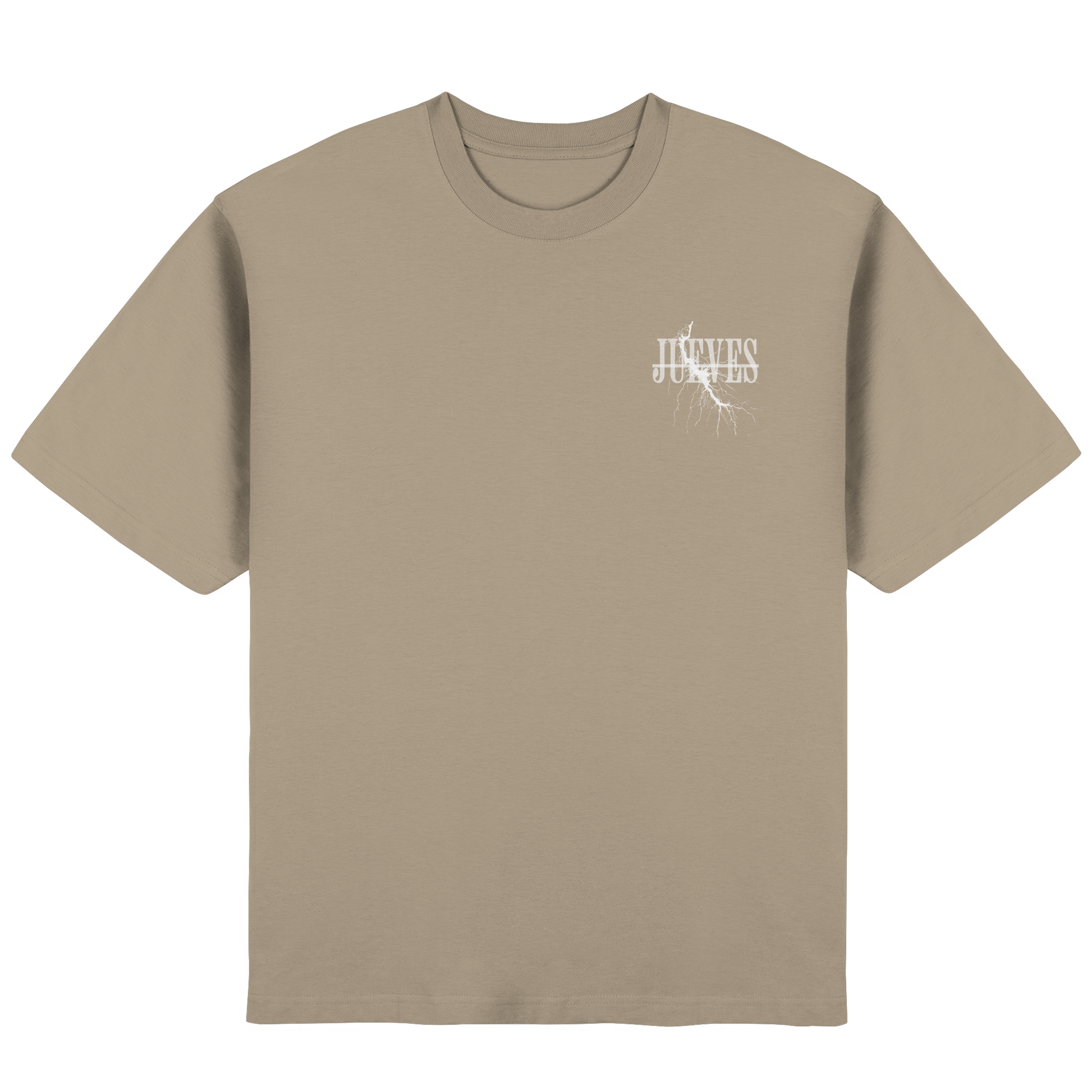 Frontansicht des beigen Oversized T-Shirts von Jueves Apparel mit Brustdruck – urbaner Streetwear-Look aus 100 % Baumwolle