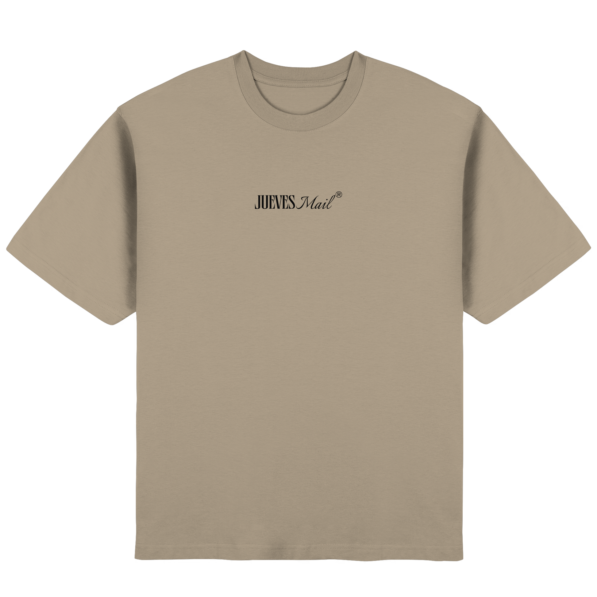 Frontansicht des beigen Oversized T-Shirts von Jueves Apparel mit Brustdruck – urbaner Streetwear-Look aus 100 % Baumwolle