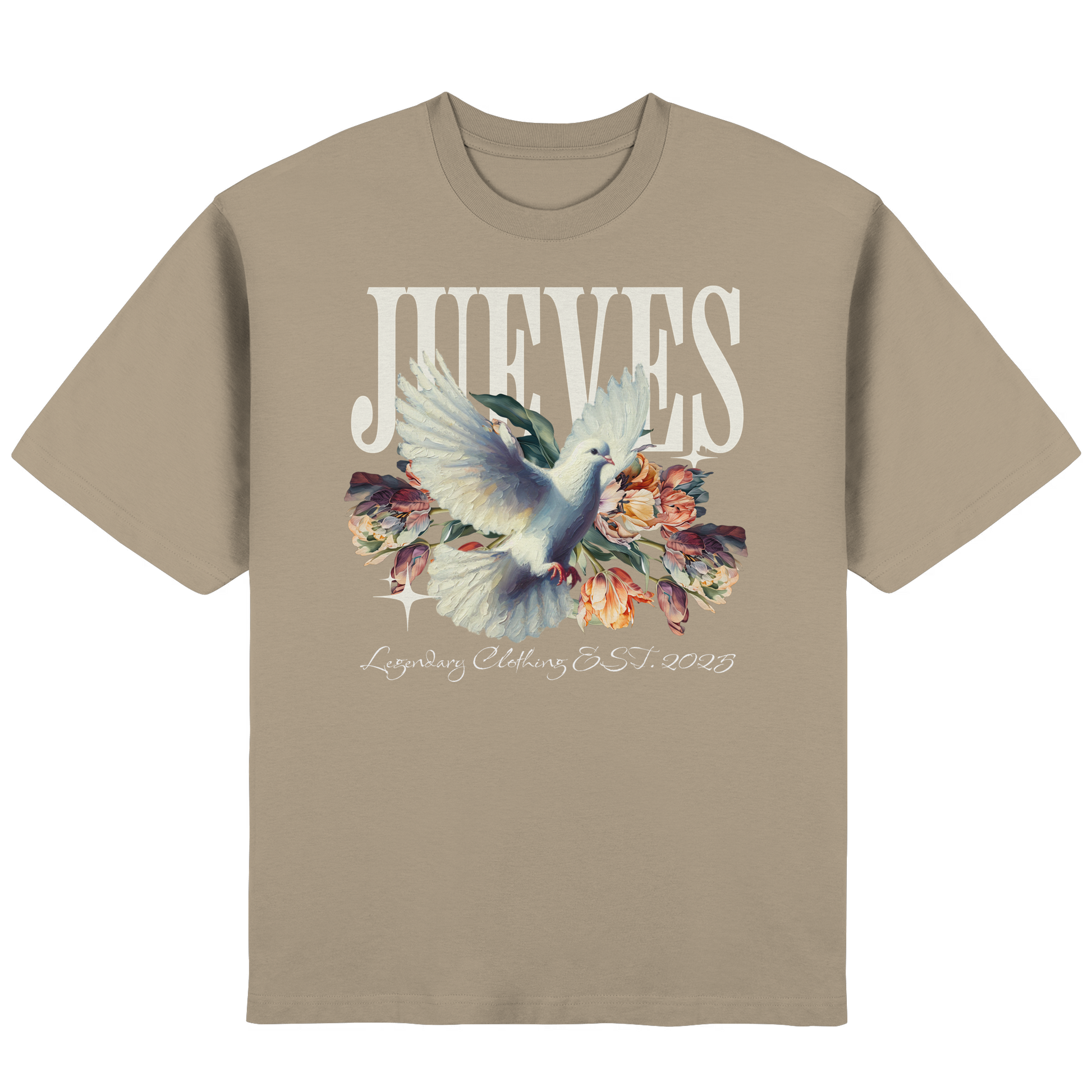 Frontansicht des beigen Oversized T-Shirts von Jueves Apparel mit Brustdruck – urbaner Streetwear-Look aus 100 % Baumwolle