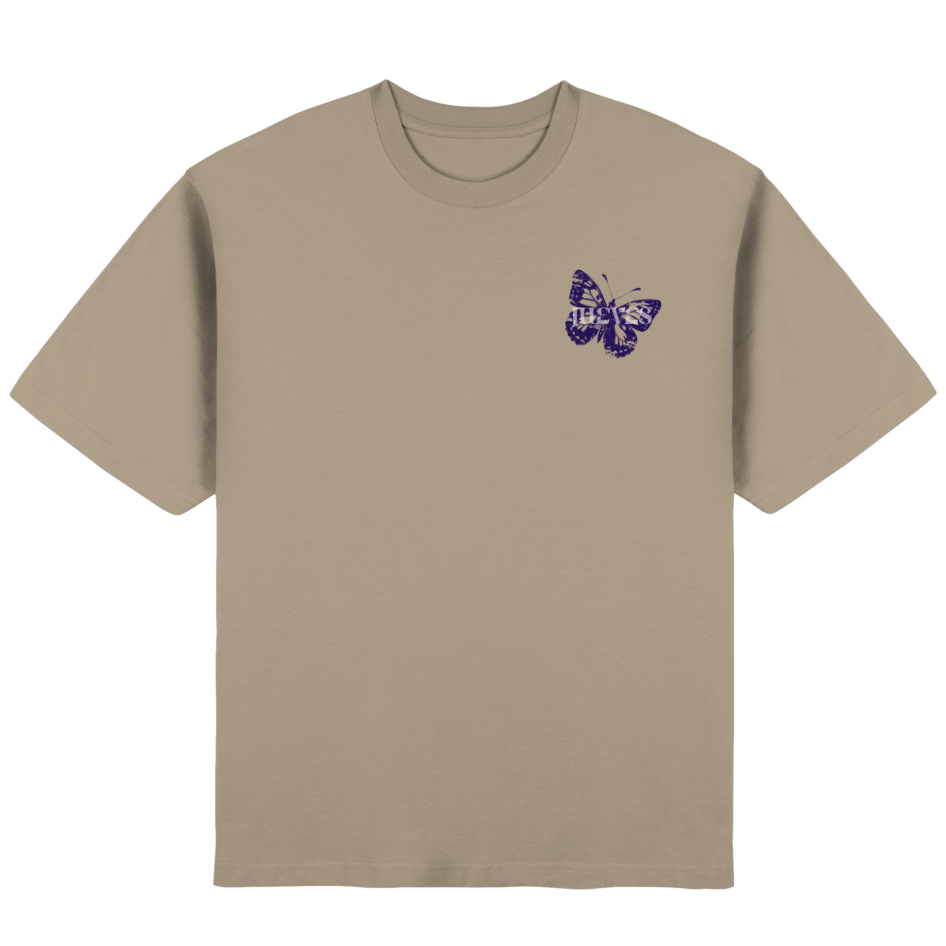 Frontansicht des beigen Oversized T-Shirts von Jueves Apparel mit Brustdruck – urbaner Streetwear-Look aus 100 % Baumwolle