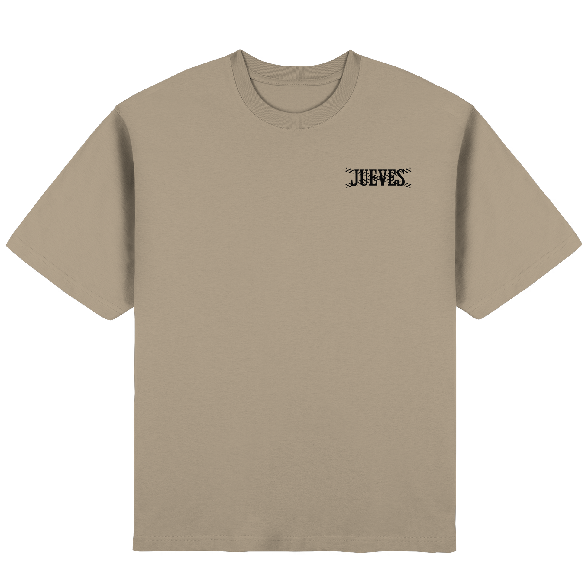 Frontansicht des beigen Oversized T-Shirts von Jueves Apparel mit Brustdruck – urbaner Streetwear-Look aus 100 % Baumwolle