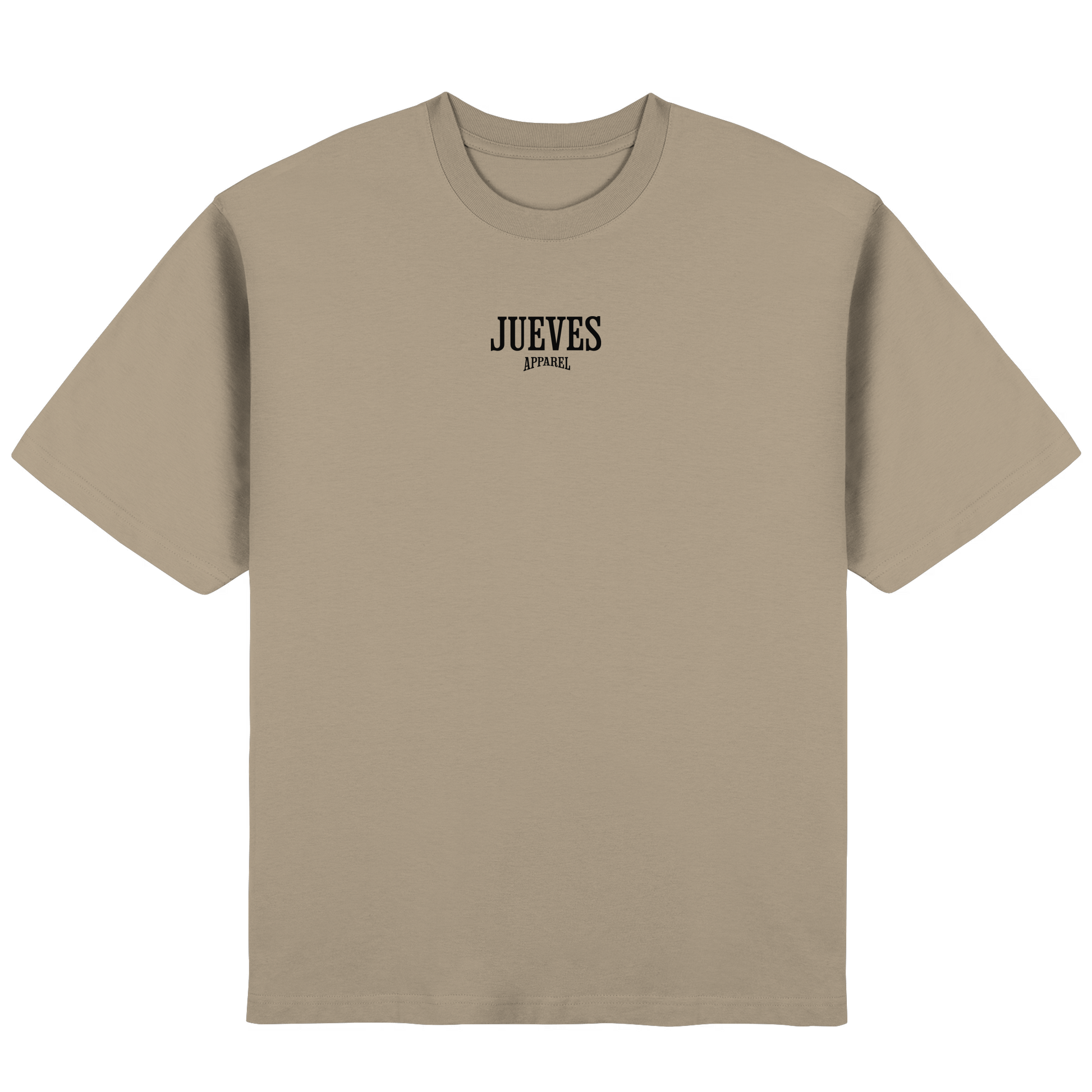 Frontansicht des beigen Oversized T-Shirts von Jueves Apparel mit Brustdruck – urbaner Streetwear-Look aus 100 % Baumwolle