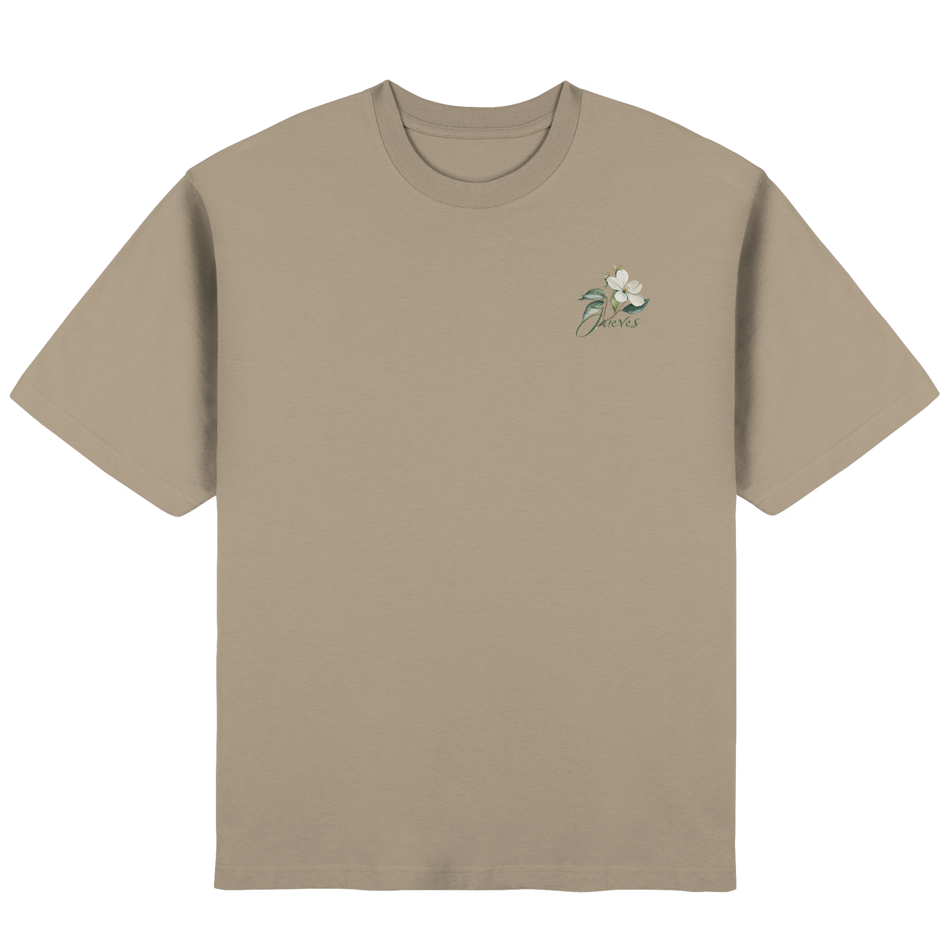 Frontansicht des beigen Oversized T-Shirts von Jueves Apparel mit Brustdruck – urbaner Streetwear-Look aus 100 % Baumwolle