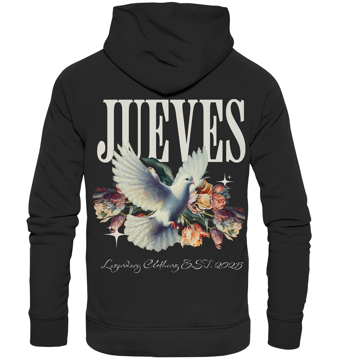 Jueves Apparel Classic Hoodie in schwarz mit markantem Rückendruck – urbaner Streetwear-Style aus Bio-Baumwolle