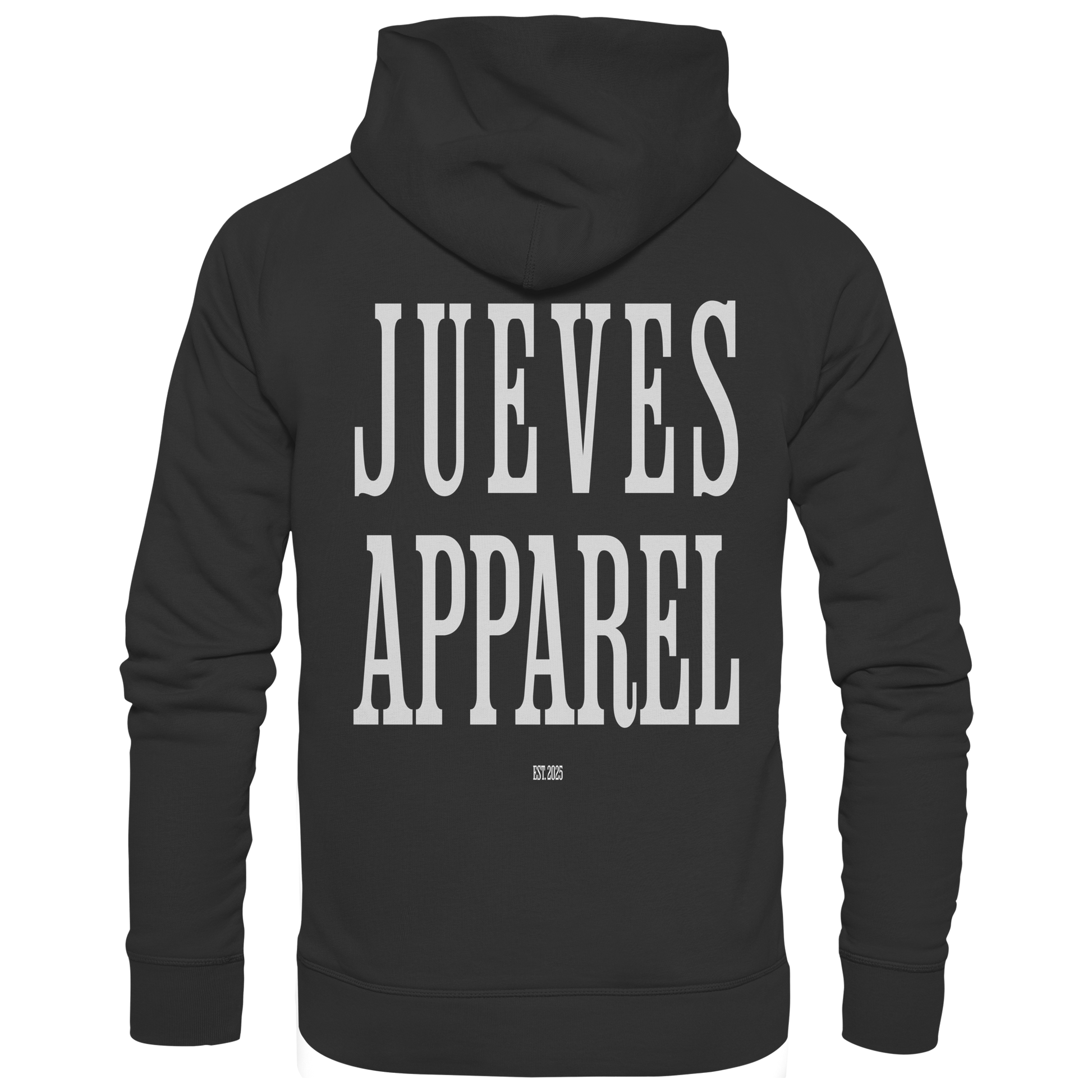 schwarzer Jueves Apparel Classic Hoodie mit markantem Rückendruck – urbaner Streetwear-Style aus Bio-Baumwolle