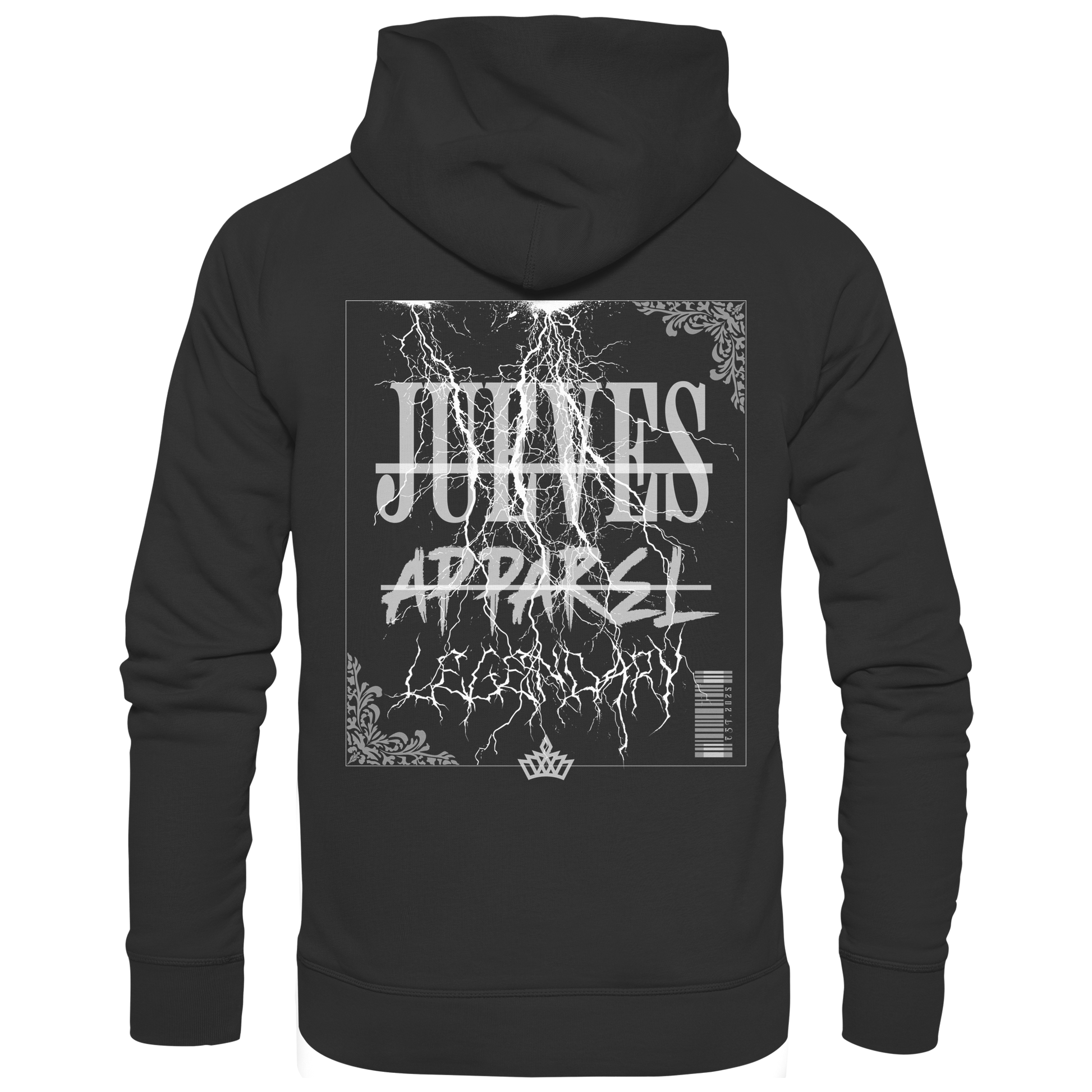schwarzer Jueves Apparel Classic Hoodie mit markantem Rückendruck – urbaner Streetwear-Style aus Bio-Baumwolle