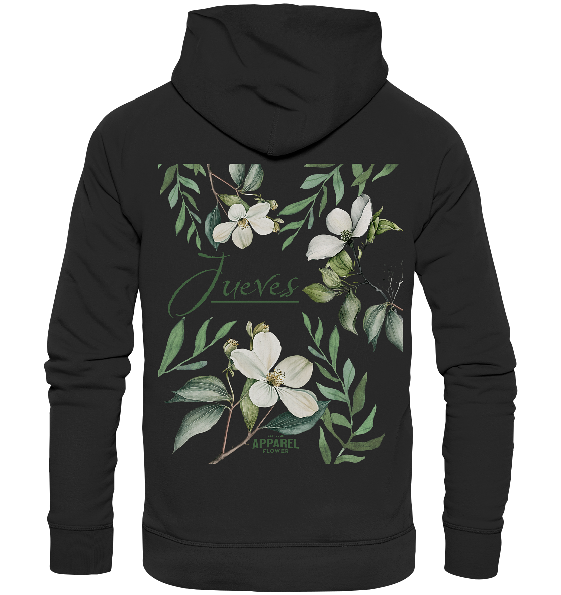 schwarzer Jueves Apparel Classic Hoodie mit markantem Rückendruck – urbaner Streetwear-Style aus Bio-Baumwolle