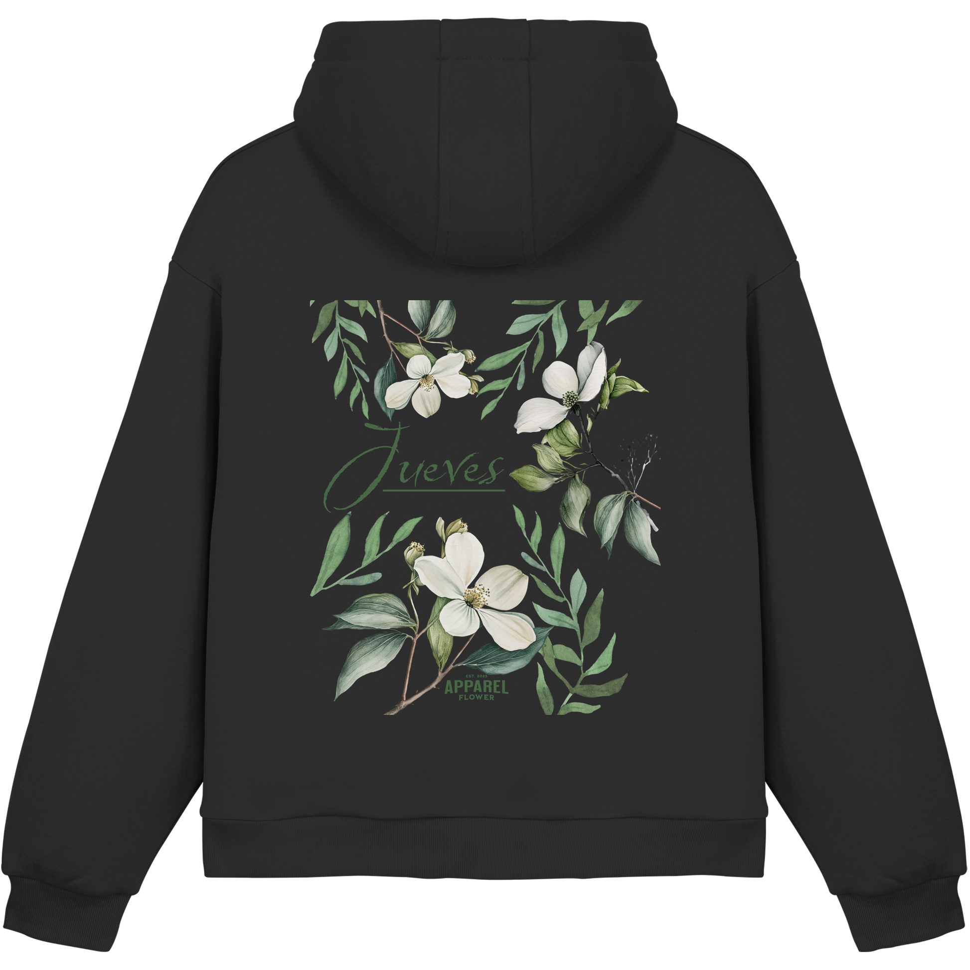 schwarzer Jueves Apparel Oversized Boxcut Hoodie mit markantem Rückendruck – urbaner Streetwear-Style aus Baumwolle