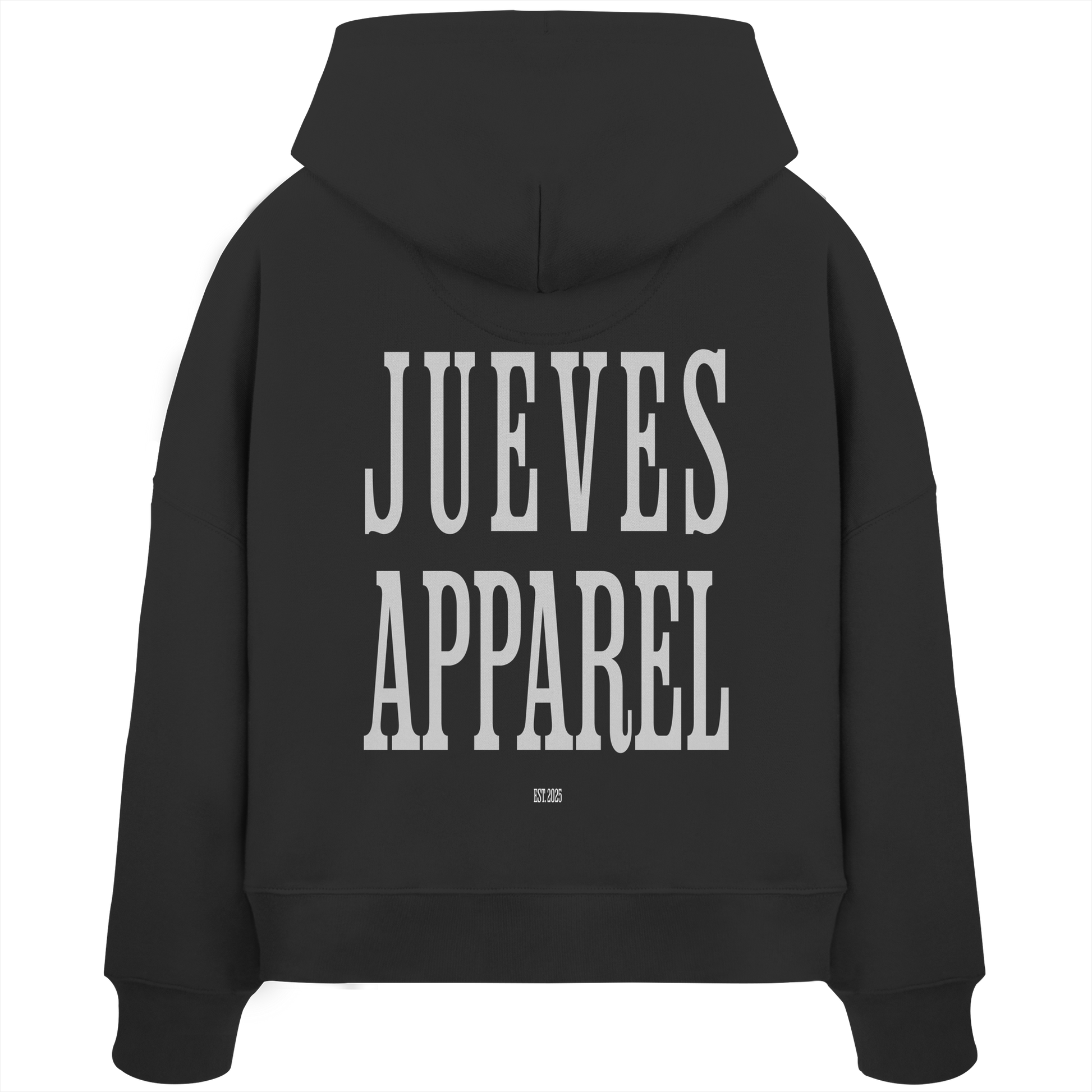 Rückansicht eines schwarzen Oversized Boxcut Hoodies von Jueves Apparel aus 100 % Baumwolle, 300 g/m² – markanter Rückendruck und urbaner Streetwear-Look mit modernem Schnitt.
