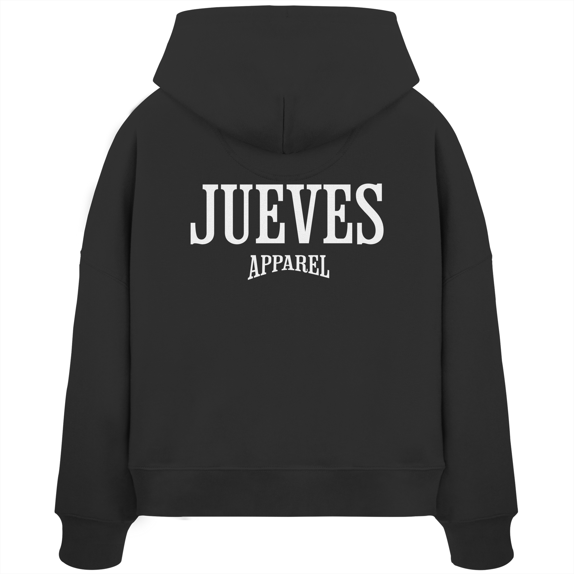 Rückansicht eines schwarzen Oversized Boxcut Hoodies von Jueves Apparel aus 100 % Baumwolle, 300 g/m² – markanter Rückendruck und urbaner Streetwear-Look mit modernem Schnitt.