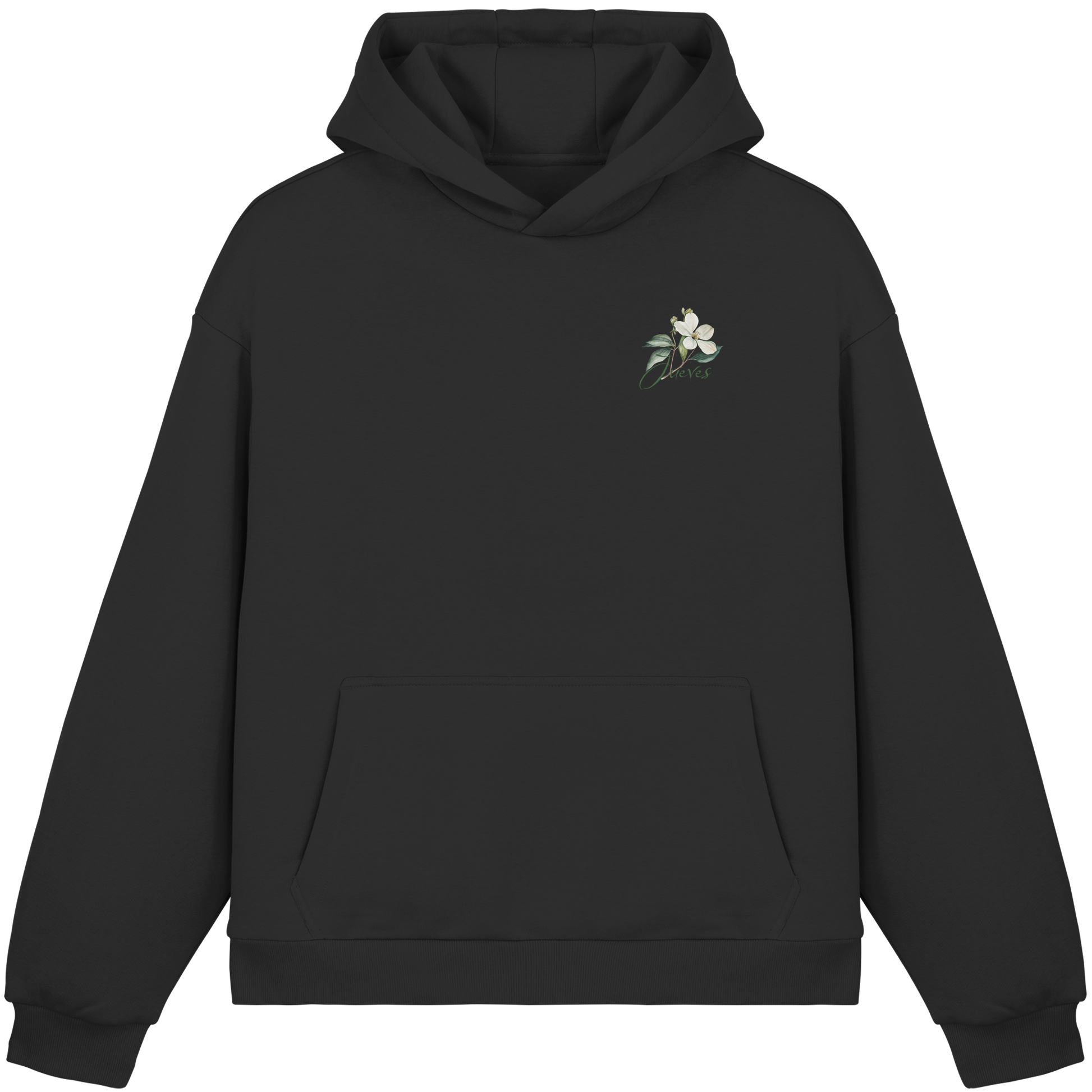schwarzer Oversized Boxcut Hoodie von Jueves Apparel mit Brustdruck – nachhaltige Streetwear aus 70% Baumwolle