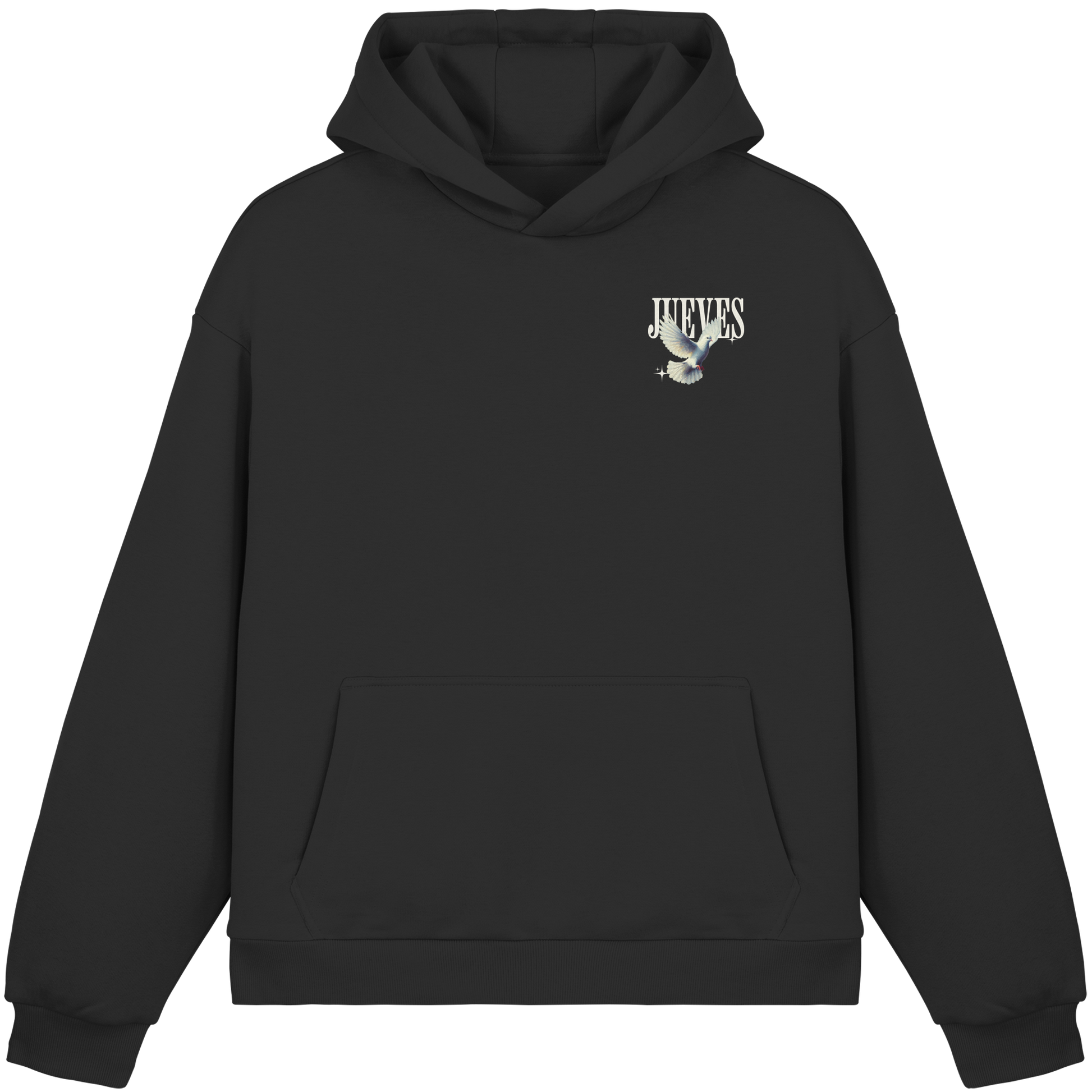 schwarzer Oversized Boxcut Hoodie von Jueves Apparel mit Brustdruck – nachhaltige Streetwear aus 70% Baumwolle