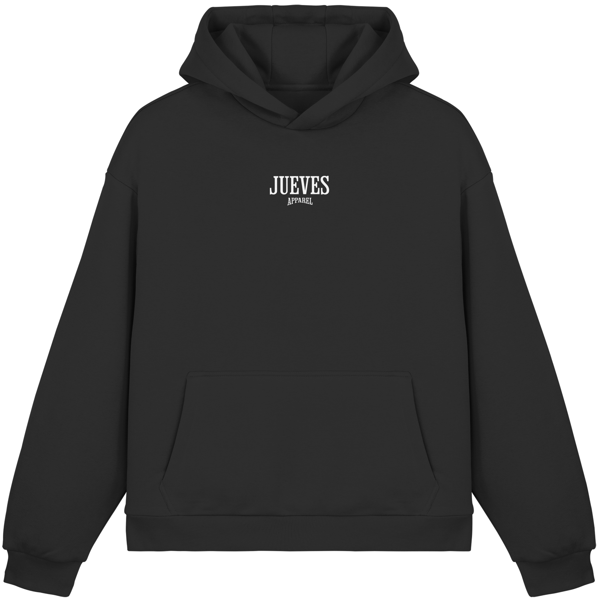 schwarzer Oversized Boxcut Hoodie von Jueves Apparel mit Brustdruck – nachhaltige Streetwear aus 70% Baumwolle