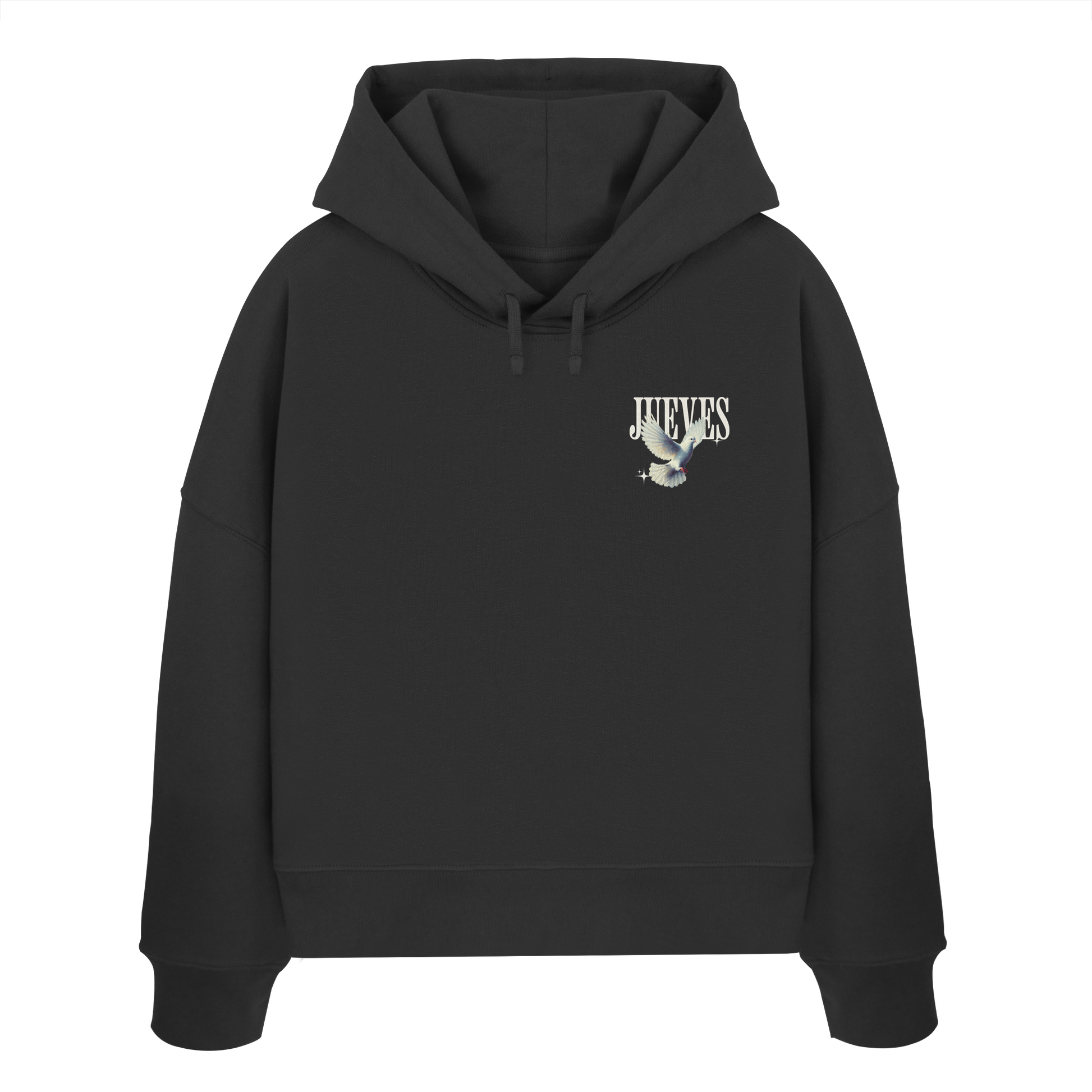 Frontansicht des schwarzen Damen oversized Boxcut Hoodies von Jueves Apparel mit oversized Schnitt, Druck auf der Brust– Streetwear aus 100 % Bio-Baumwolle, 300 g/m² Stoffgewicht.