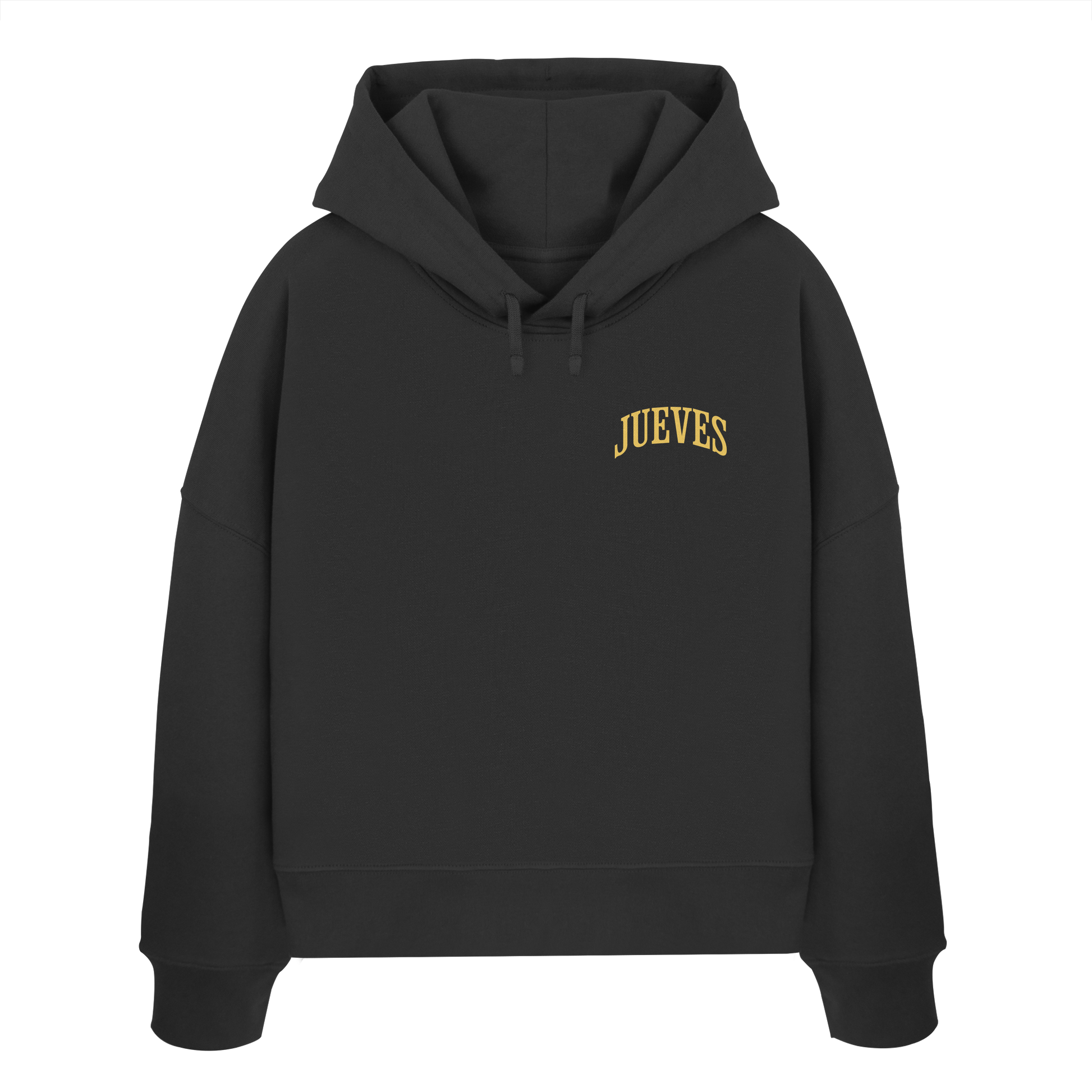 Frontansicht des schwarzen Damen oversized Boxcut Hoodies von Jueves Apparel mit oversized Schnitt, Druck auf der Brust– Streetwear aus 100 % Bio-Baumwolle, 300 g/m² Stoffgewicht.