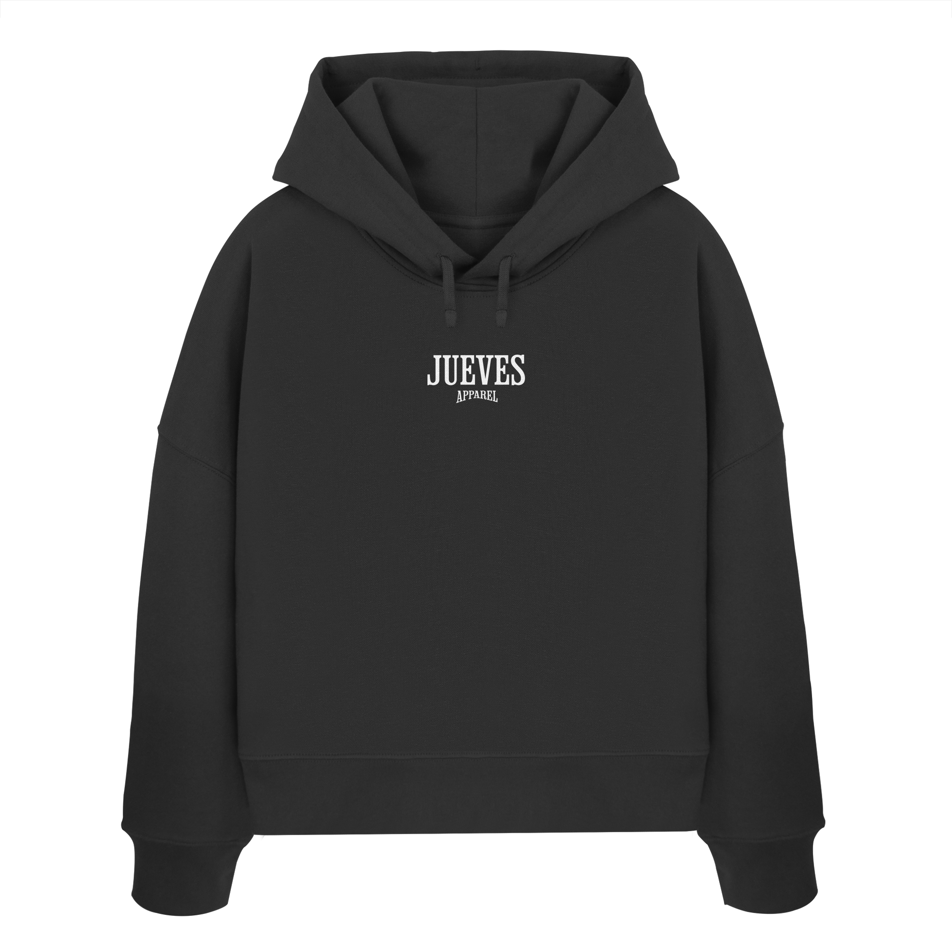 Frontansicht des schwarzen Damen oversized Boxcut Hoodies von Jueves Apparel mit oversized Schnitt, Druck auf der Brust– Streetwear aus 100 % Bio-Baumwolle, 300 g/m² Stoffgewicht.