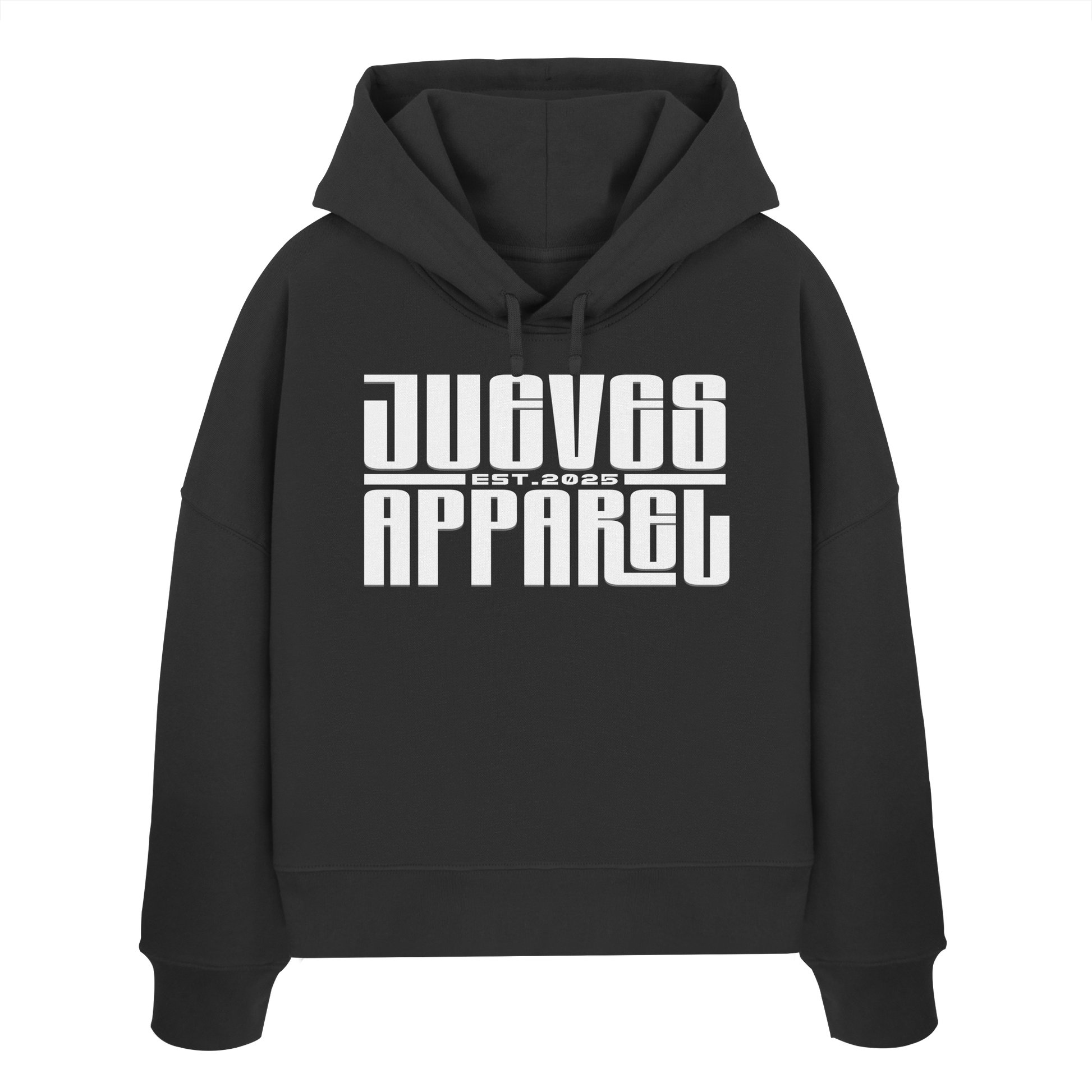 Frontansicht des schwarzen Damen oversized Boxcut Hoodies von Jueves Apparel mit oversized Schnitt, Druck auf der Brust– Streetwear aus 100 % Bio-Baumwolle, 300 g/m² Stoffgewicht.