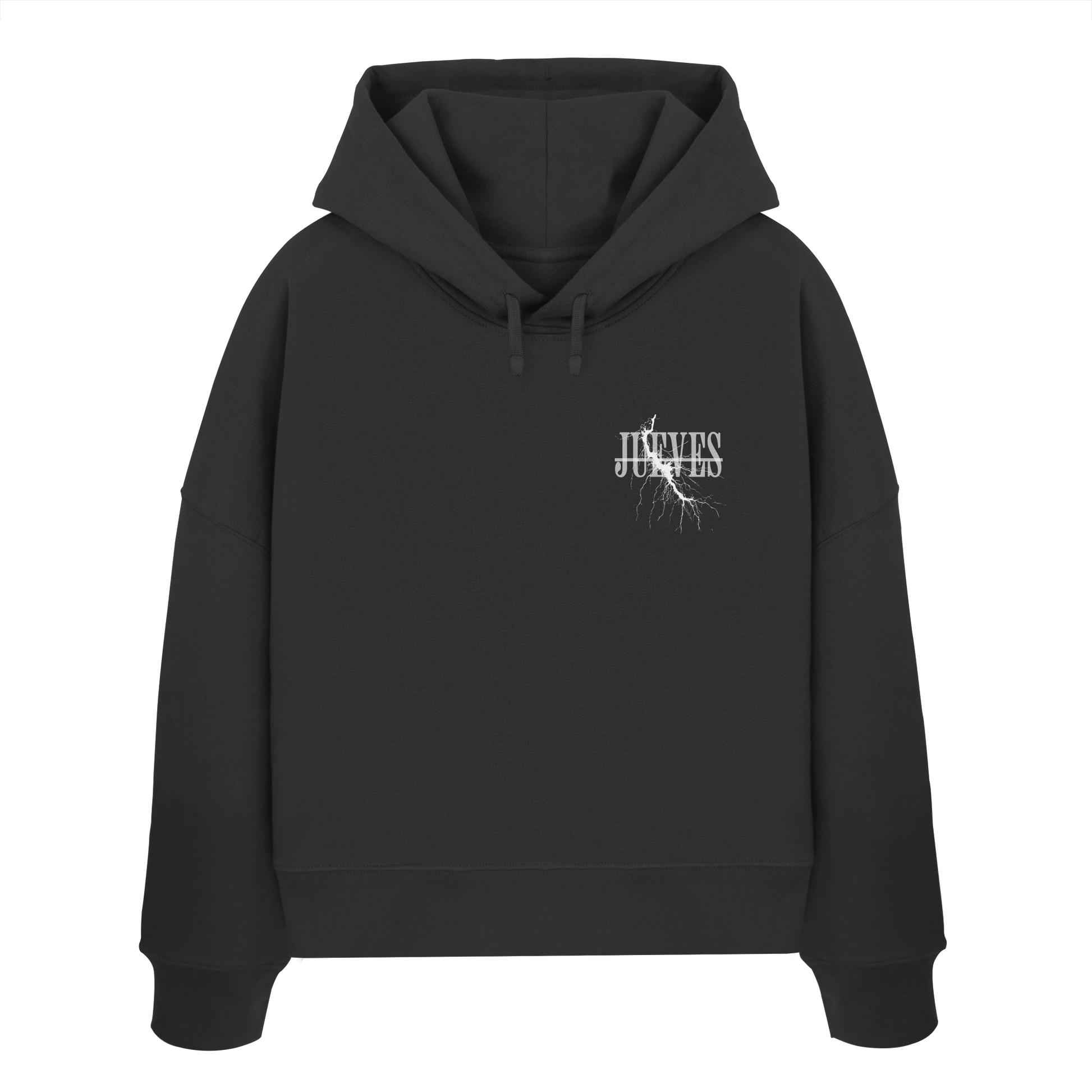 Frontansicht des schwarzen Damen oversized Boxcut Hoodies von Jueves Apparel mit oversized Schnitt, Druck auf der Brust– Streetwear aus 100 % Bio-Baumwolle, 300 g/m² Stoffgewicht.