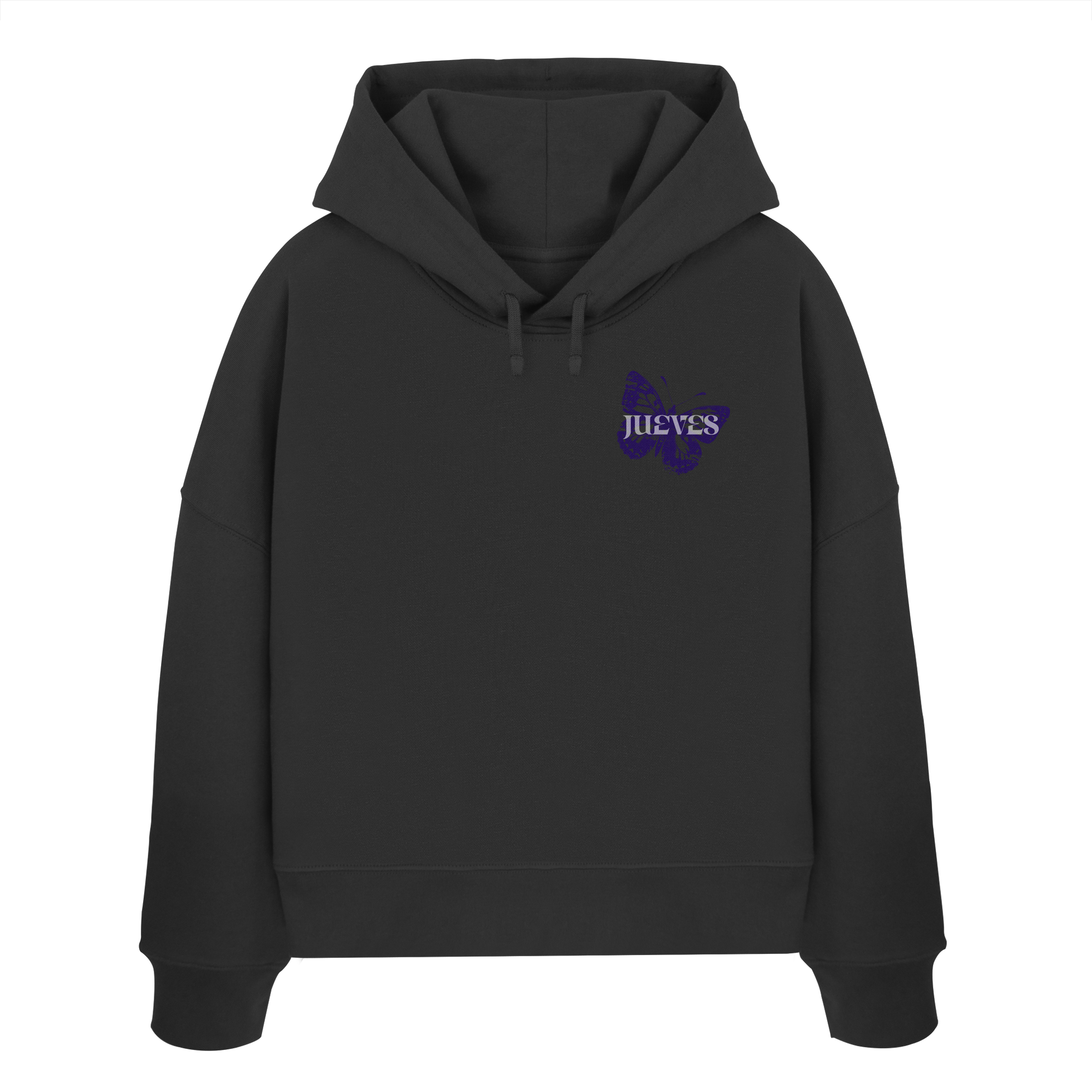 Frontansicht des schwarzen Damen oversized Boxcut Hoodies von Jueves Apparel mit oversized Schnitt, Druck auf der Brust– Streetwear aus 100 % Bio-Baumwolle, 300 g/m² Stoffgewicht.
