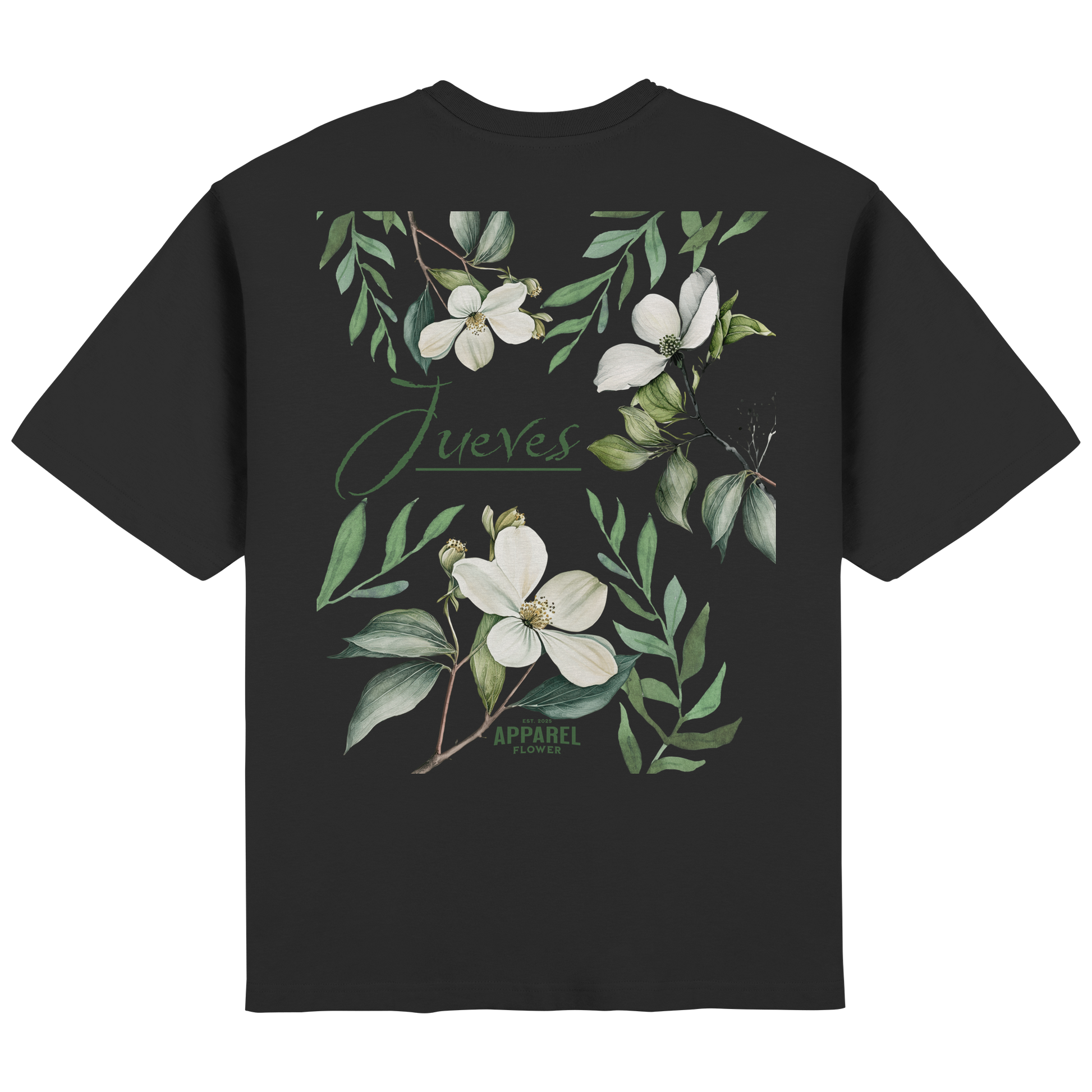 Rückansicht des schwarzen Oversized T-Shirts von Jueves Apparel mit Rückendruck – urbaner Streetwear-Look aus 100 % Baumwolle
