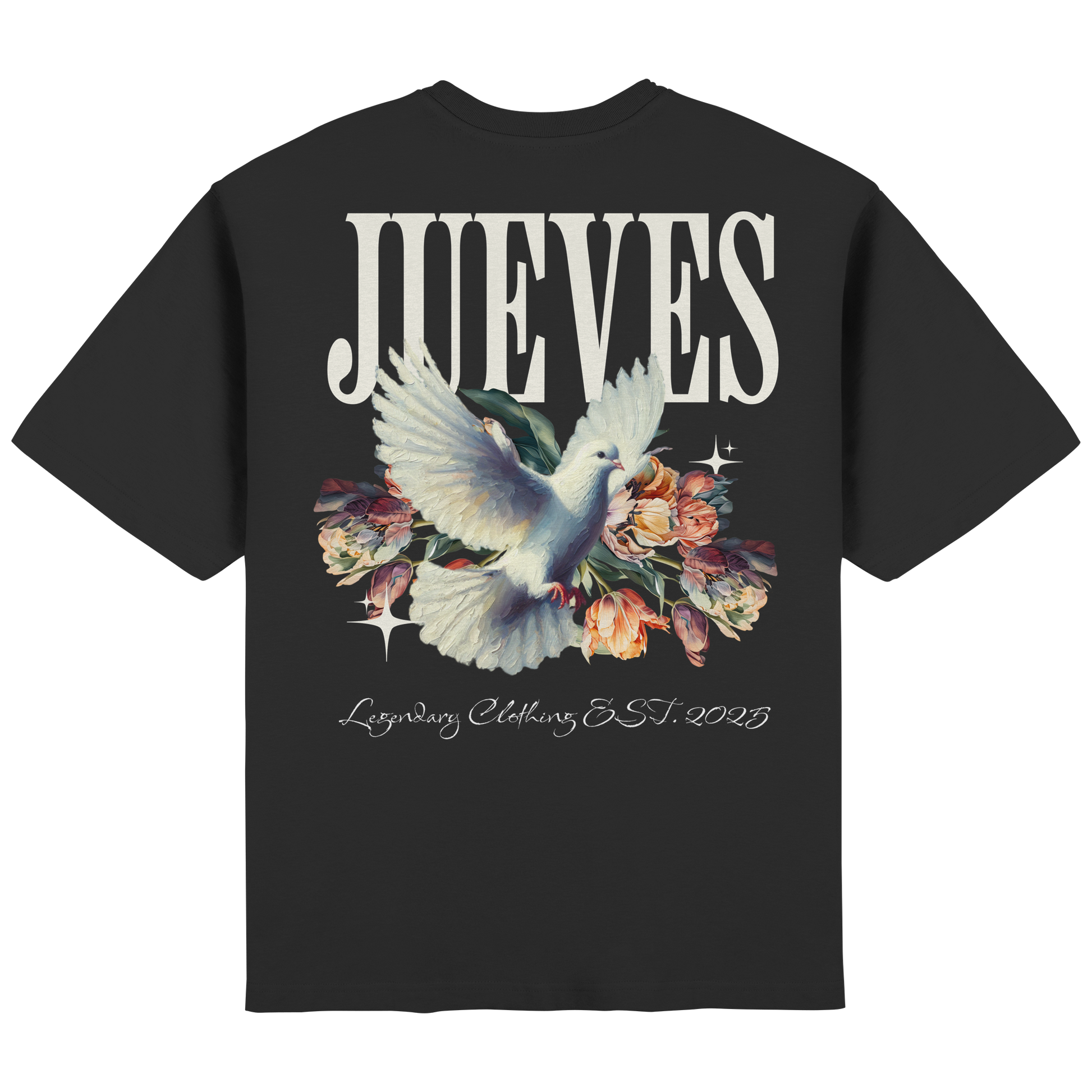 Rückansicht des schwarzen Oversized T-Shirts von Jueves Apparel mit Rückendruck – urbaner Streetwear-Look aus 100 % Baumwolle