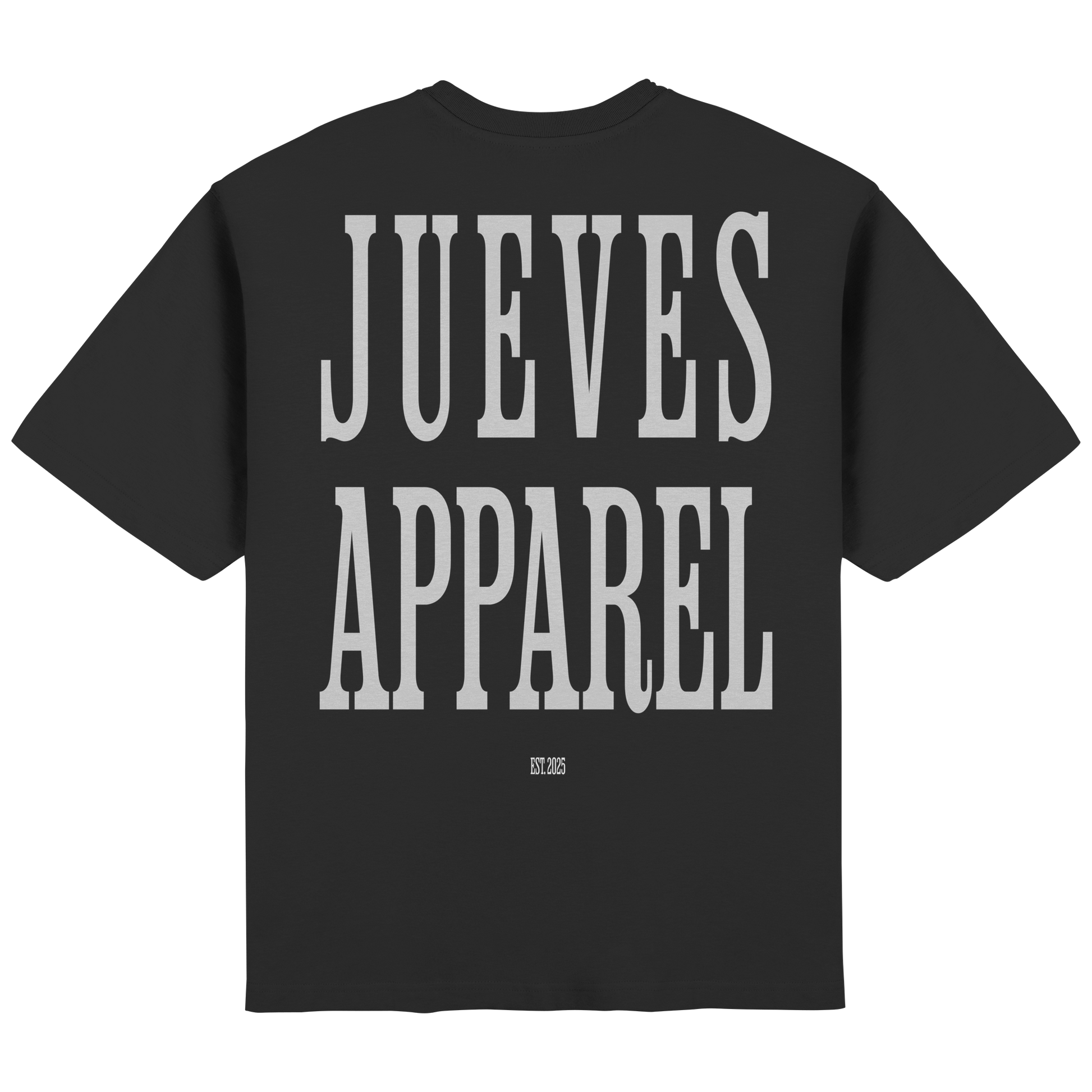 Rückansicht des schwarzen Oversized T-Shirts von Jueves Apparel mit Rückendruck – urbaner Streetwear-Look aus 100 % Baumwolle