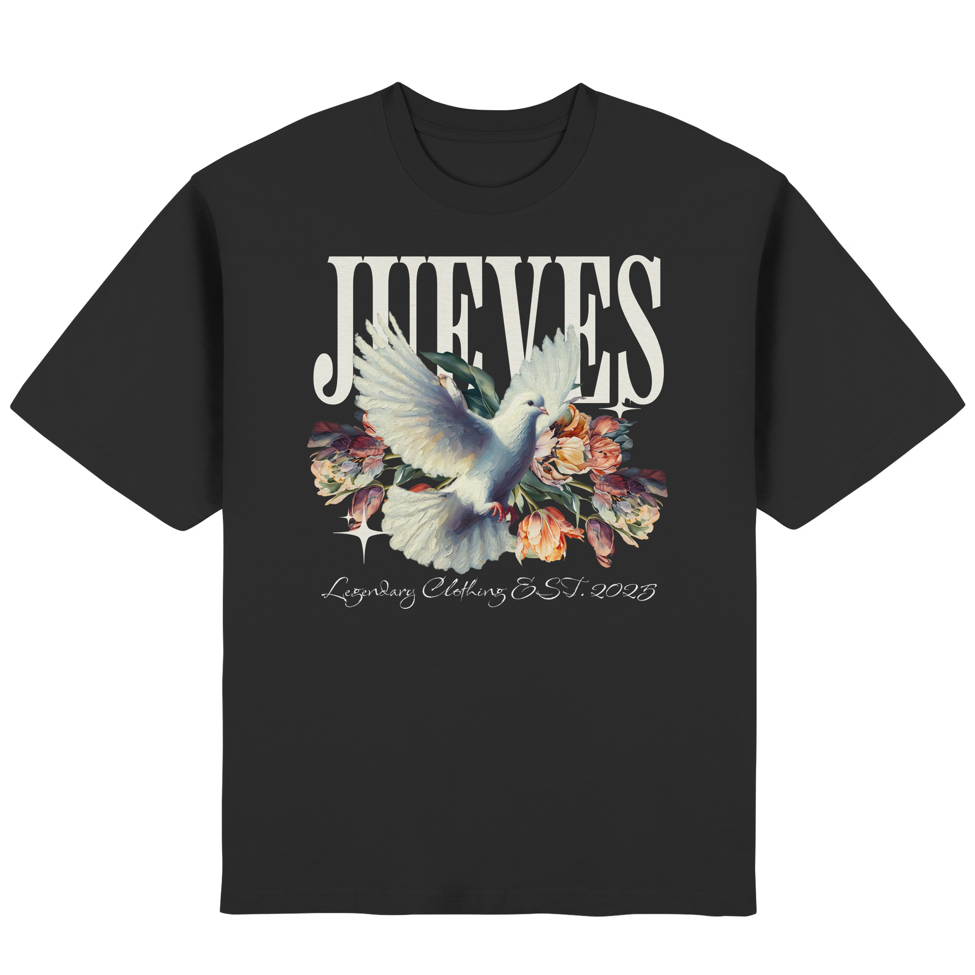 Frontansicht des schwarzen Oversized T-Shirts von Jueves Apparel mit Brustdruck – urbaner Streetwear-Look aus 100 % Baumwolle