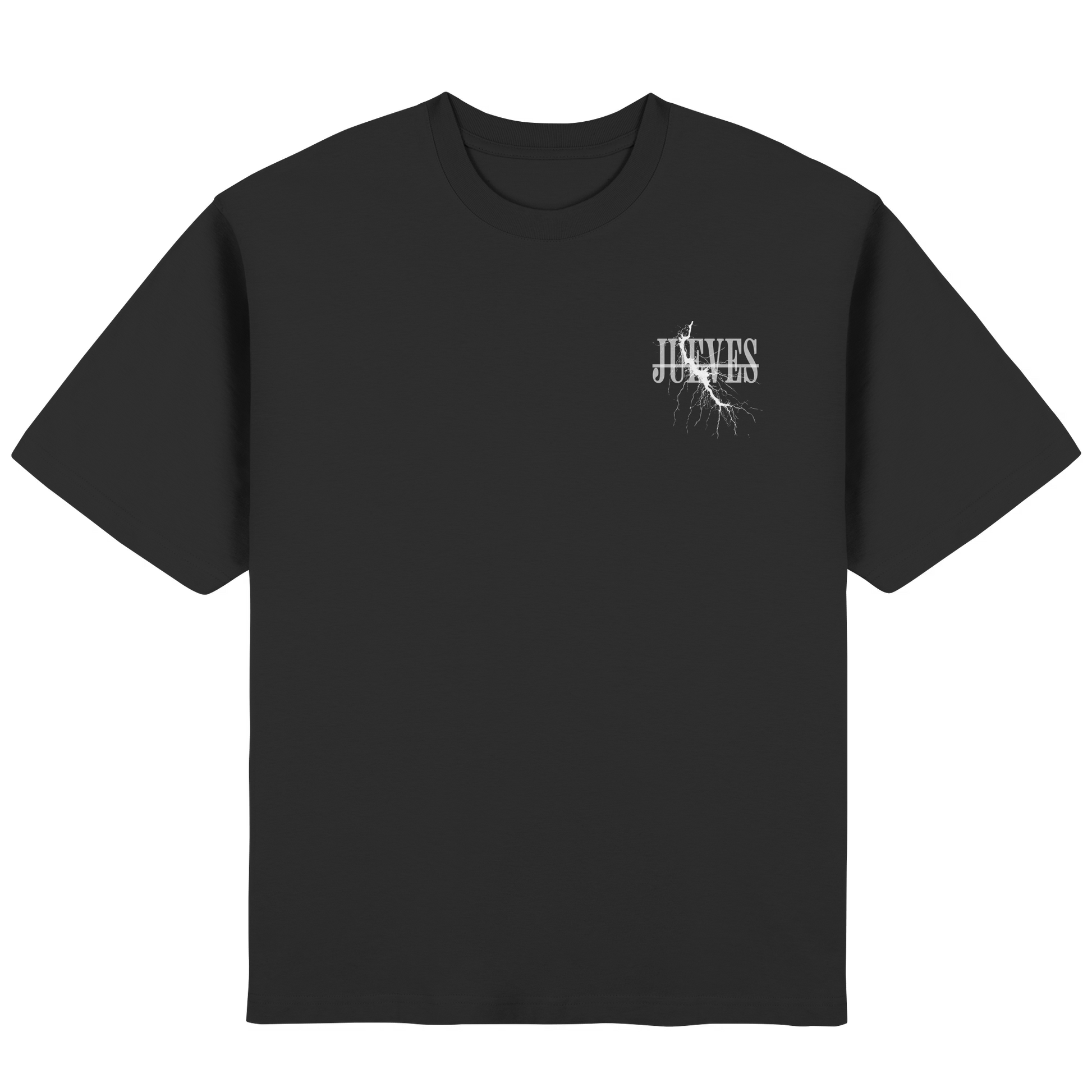 Frontansicht des schwarzen Oversized T-Shirts von Jueves Apparel mit Brustdruck – urbaner Streetwear-Look aus 100 % Baumwolle