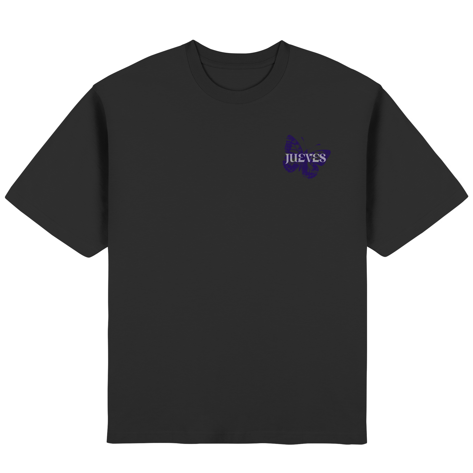 Frontansicht des schwarzen Oversized T-Shirts von Jueves Apparel mit Brustdruck – urbaner Streetwear-Look aus 100 % Baumwolle