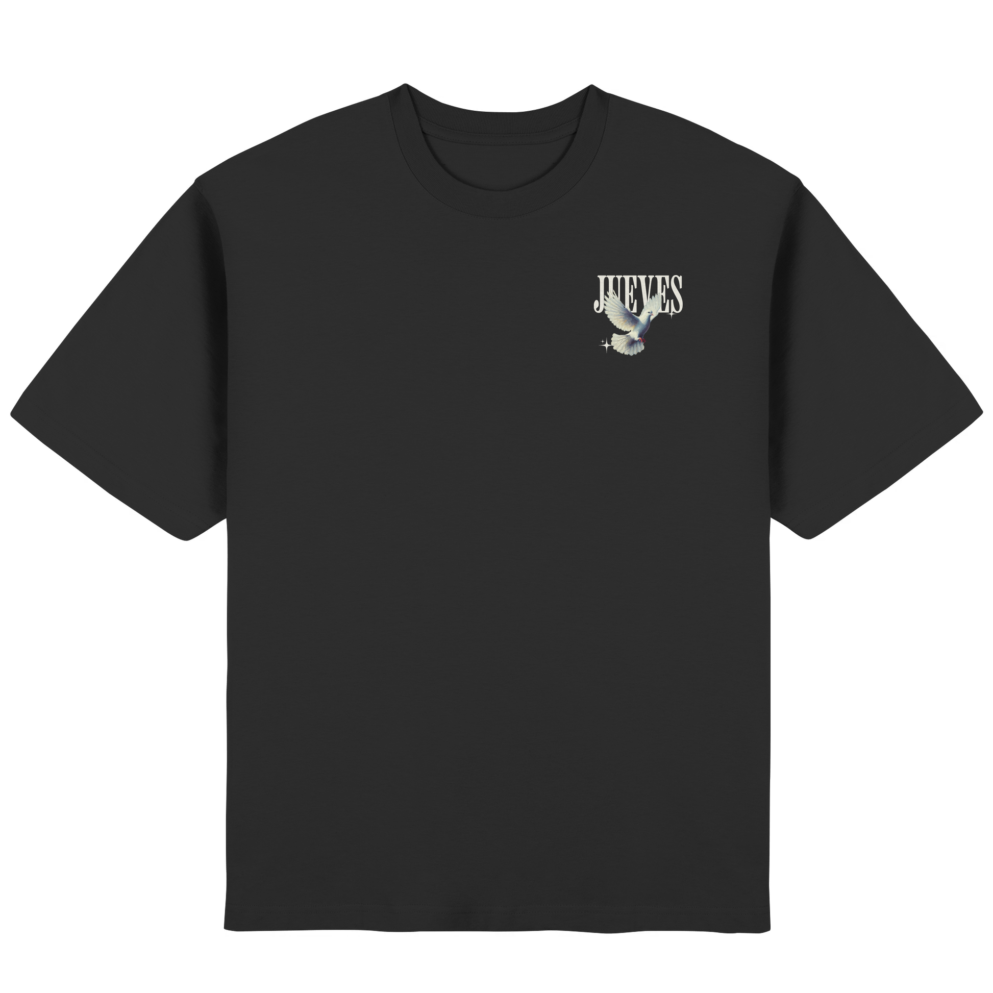 Frontansicht des schwarzen Oversized T-Shirts von Jueves Apparel mit Brustdruck – urbaner Streetwear-Look aus 100 % Baumwolle