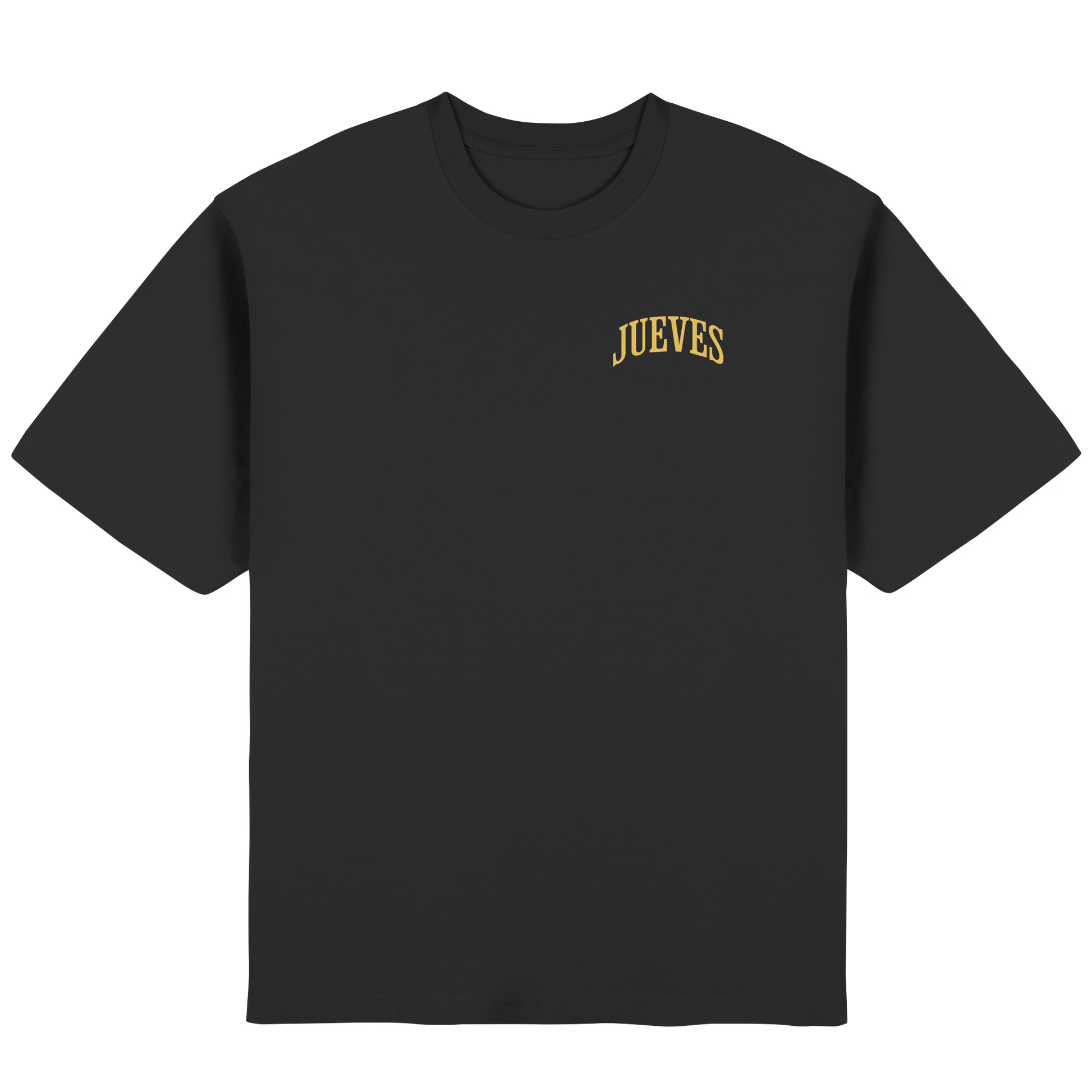Frontansicht des schwarzen Oversized T-Shirts von Jueves Apparel mit Brustdruck – urbaner Streetwear-Look aus 100 % Baumwolle