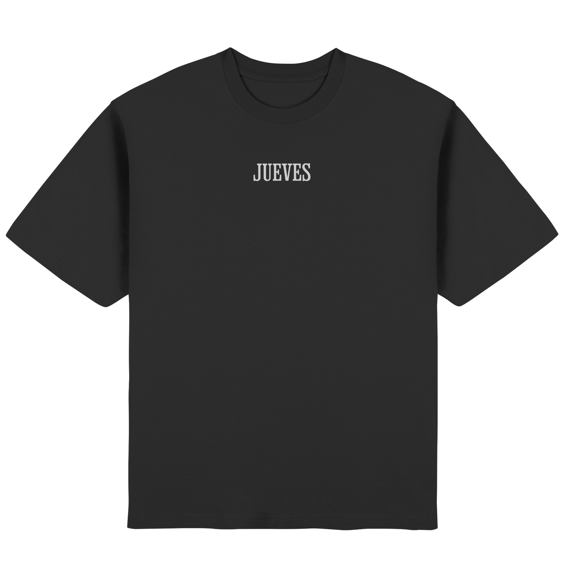 Frontansicht des schwarzen Oversized T-Shirts von Jueves Apparel mit Brustdruck – urbaner Streetwear-Look aus 100 % Baumwolle