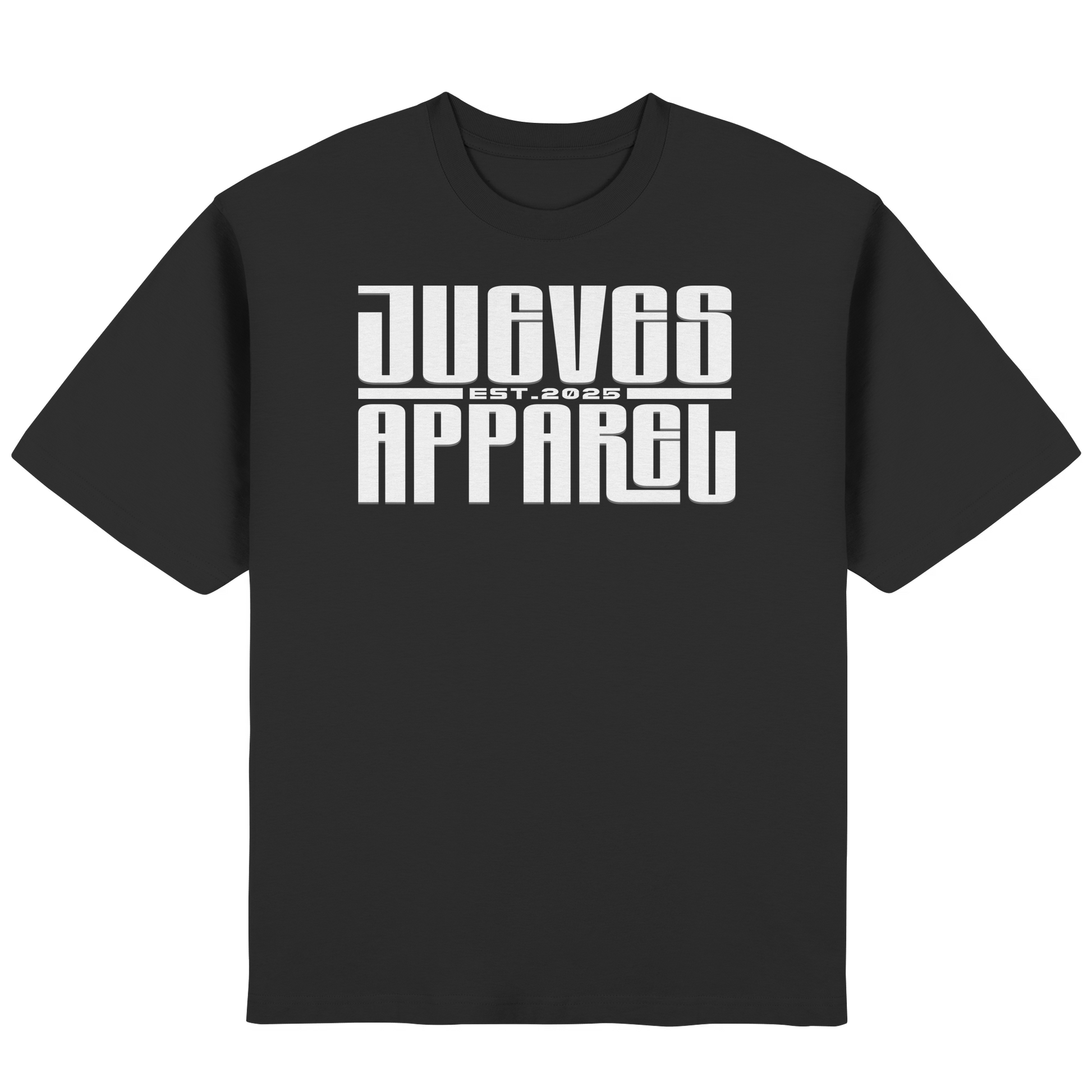 Frontansicht des schwarzen Oversized T-Shirts von Jueves Apparel mit Brustdruck – urbaner Streetwear-Look aus 100 % Baumwolle