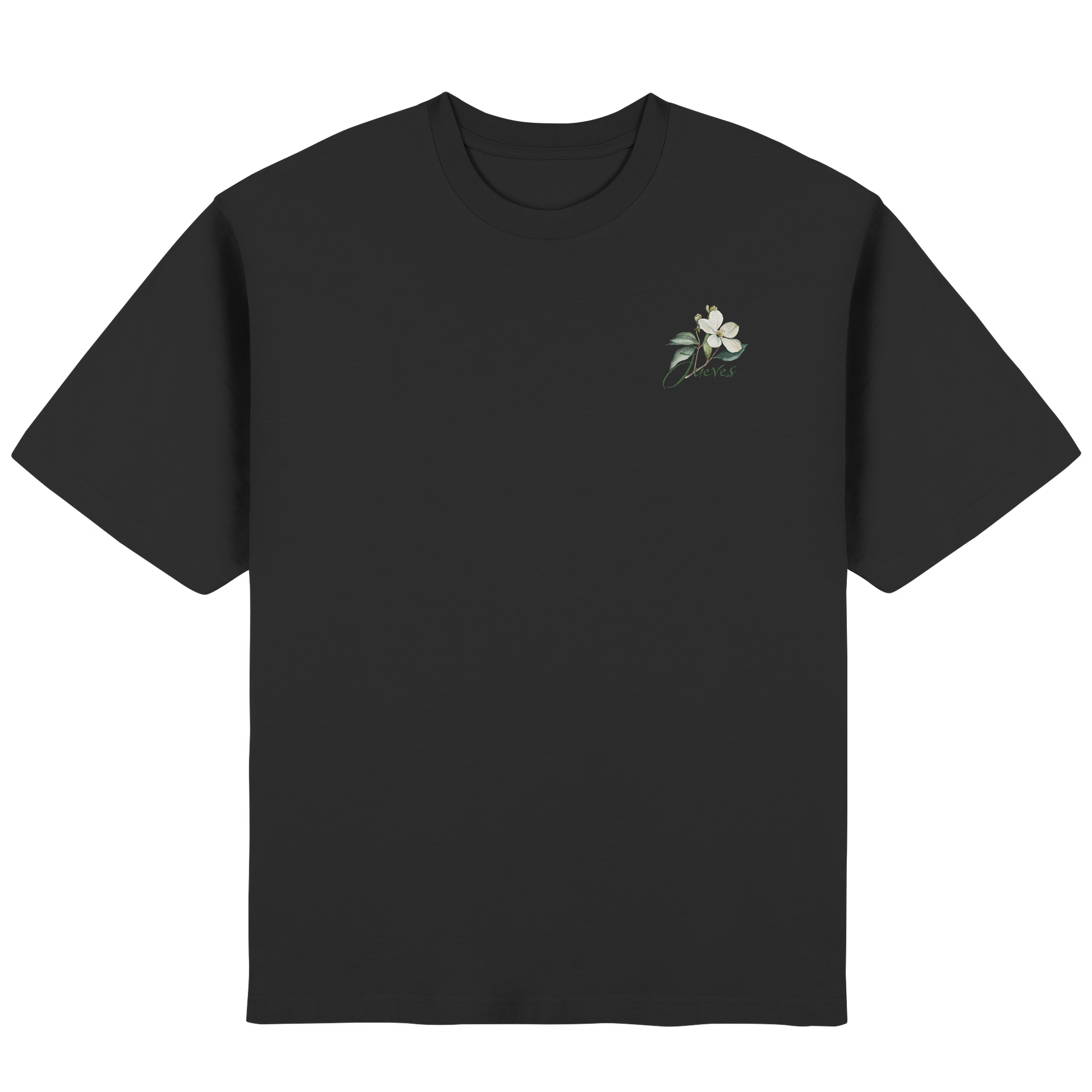 Frontansicht des schwarzen Oversized T-Shirts von Jueves Apparel mit Brustdruck – urbaner Streetwear-Look aus 100 % Baumwolle