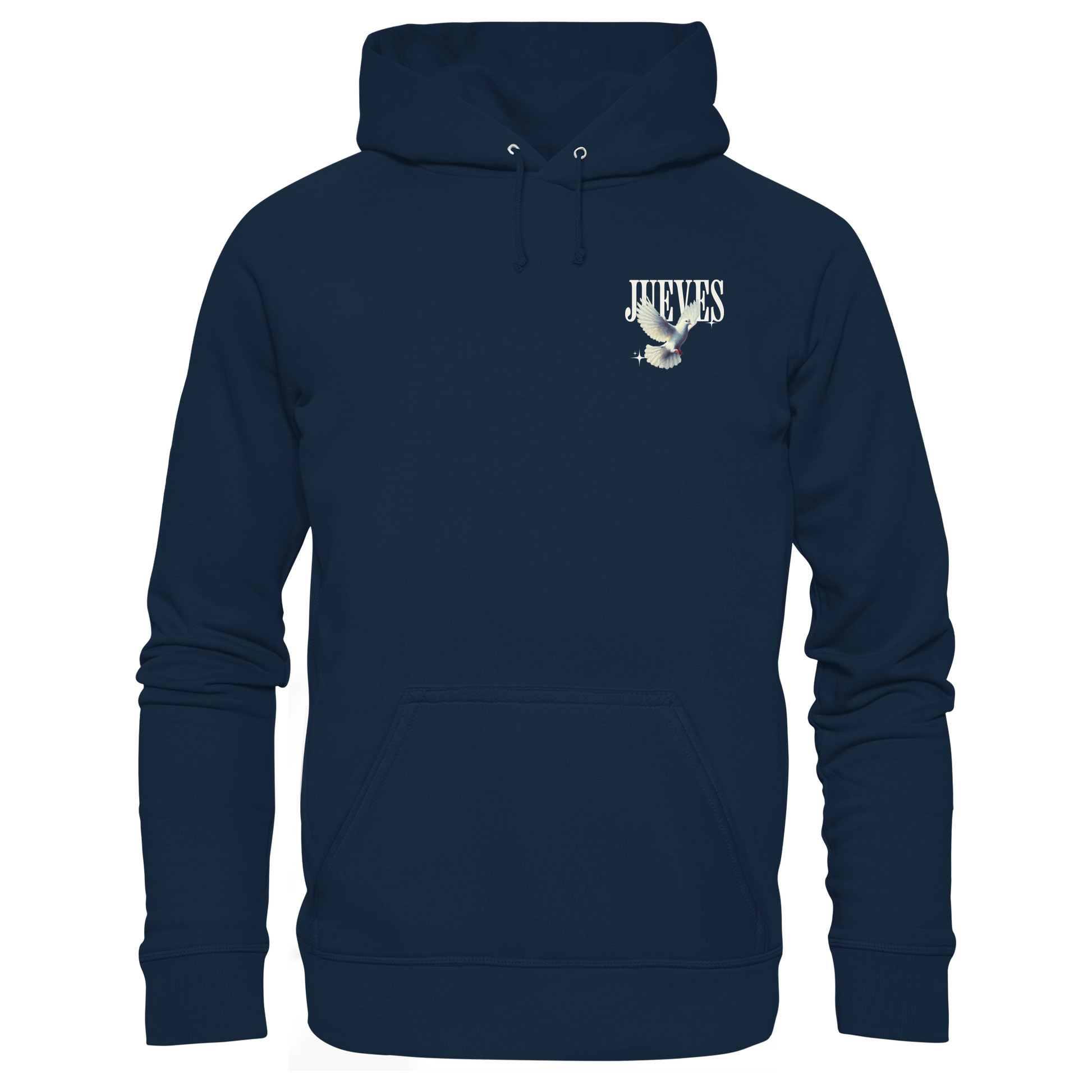 blauer Classic Hoodie von Jueves Apparel mit kleinem Brustdruck im klassischen Schnitt – nachhaltiger Streetwear-Look aus 100 % Bio-Baumwolle