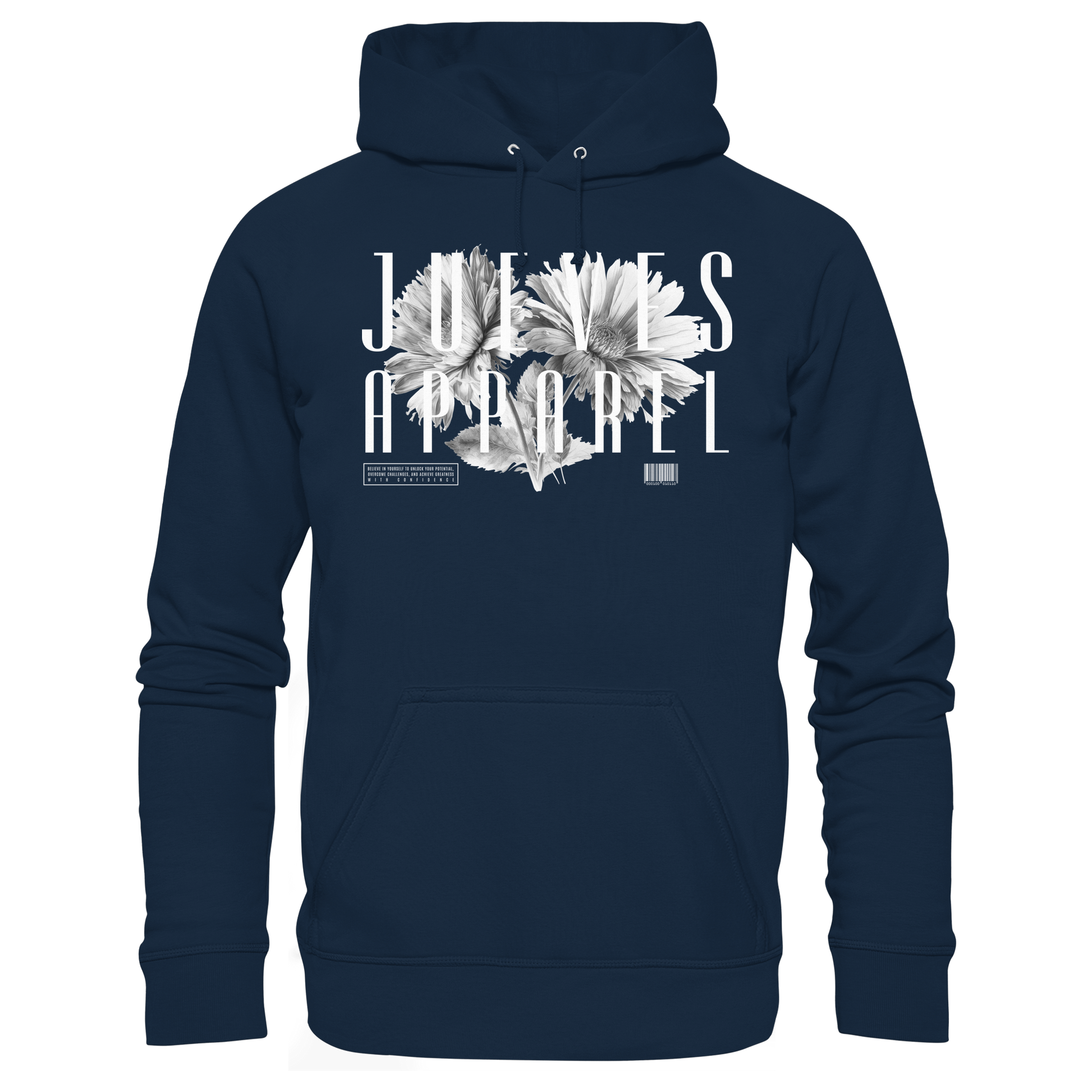 blauer Classic Hoodie von Jueves Apparel mit Brustdruck im klassischen Schnitt – nachhaltiger Streetwear-Look aus 100 % Bio-Baumwolle
