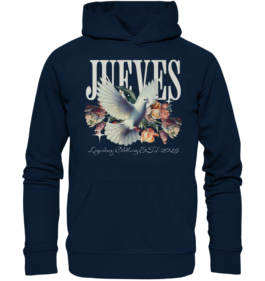 blauer Classic Hoodie von Jueves Apparel mit  Brustdruck im klassischen Schnitt – nachhaltiger Streetwear-Look aus 100 % Bio-Baumwolle
