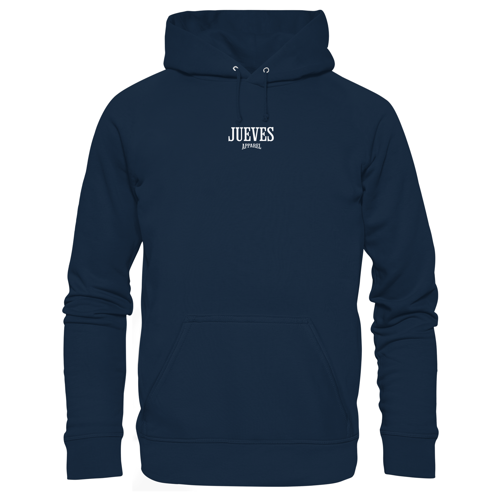 blauber Classic Hoodie von Jueves Apparel mit kleinem Brustdruck im klassischen Schnitt – nachhaltiger Streetwear-Look aus 100 % Bio-Baumwolle