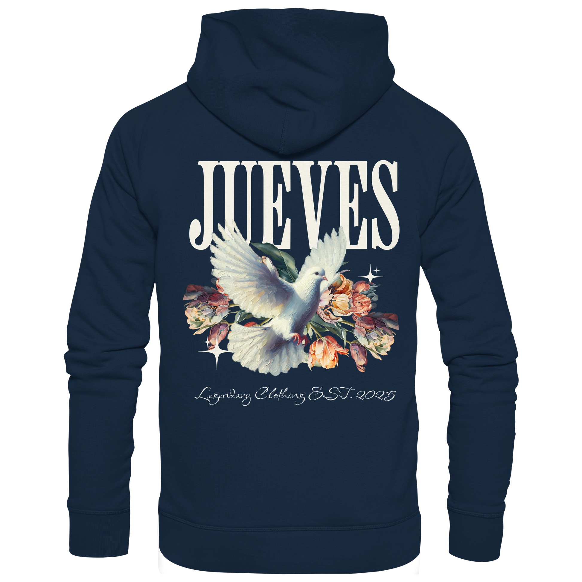 blauer Jueves Apparel Classic Hoodie mit markantem Rückendruck – urbaner Streetwear-Style aus Bio-Baumwolle