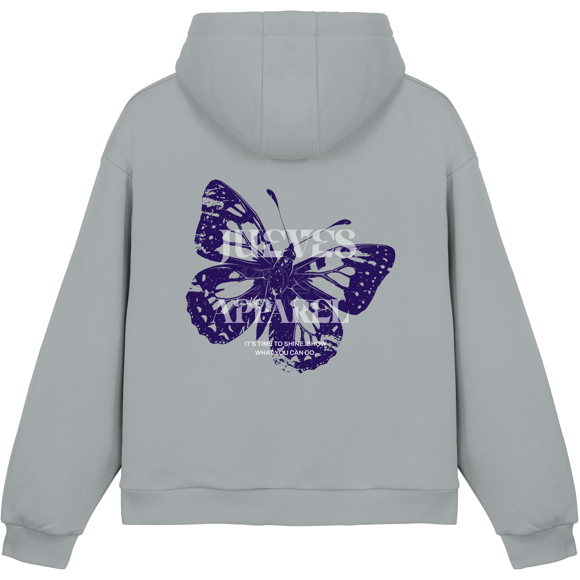 hellblauer Jueves Apparel Oversized Boxcut Hoodie mit markantem Rückendruck – urbaner Streetwear-Style aus Baumwolle