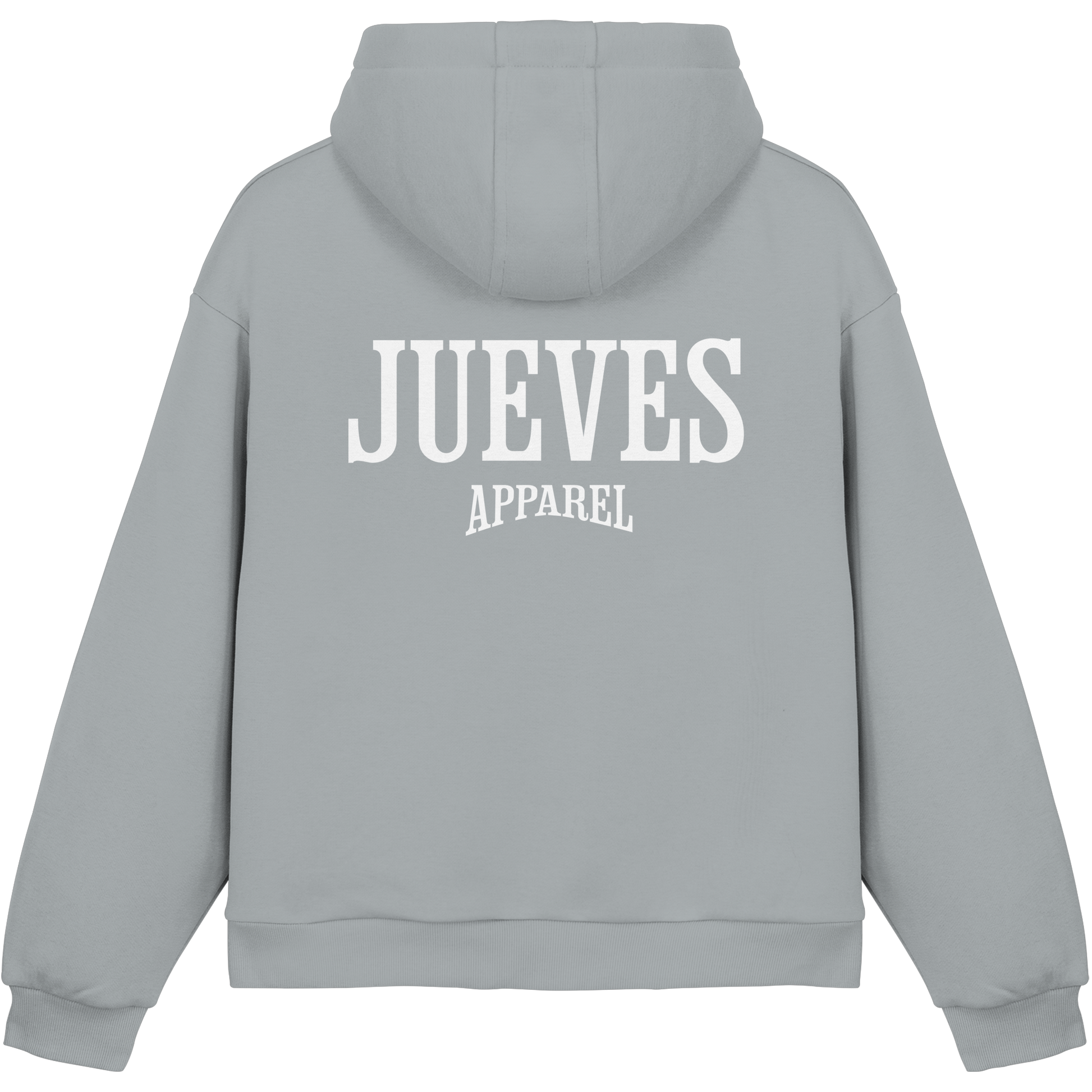 hellblauer Jueves Apparel Oversized Boxcut Hoodie mit markantem Rückendruck – urbaner Streetwear-Style aus Baumwolle
