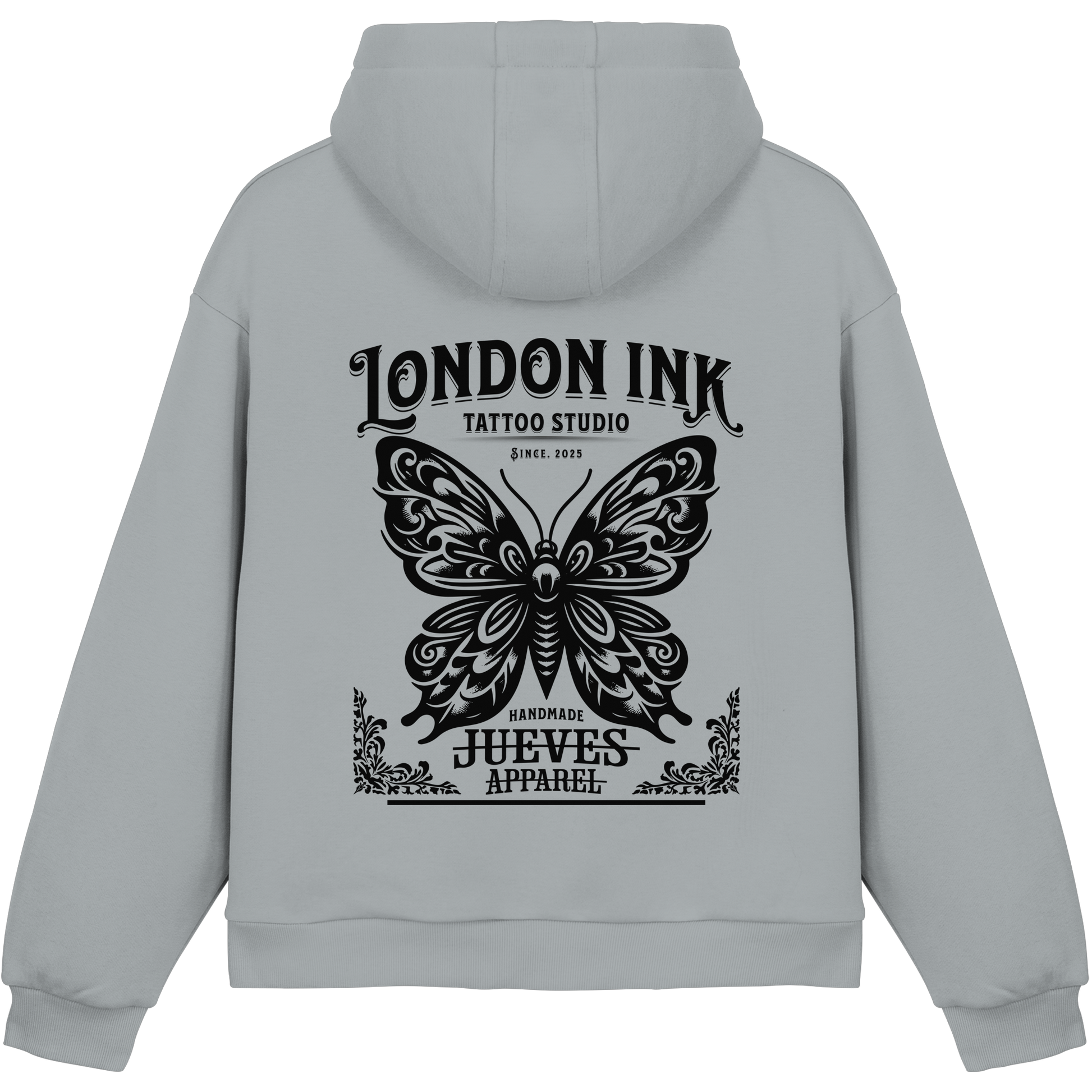 blauer Jueves Apparel Oversized Boxcut Hoodie mit markantem Rückendruck – urbaner Streetwear-Style aus Baumwolle