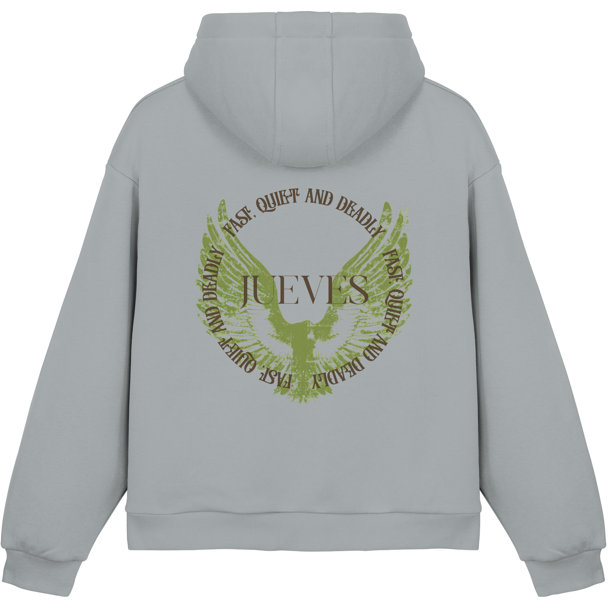 hellblauer Jueves Apparel Oversized Boxcut Hoodie mit markantem Rückendruck – urbaner Streetwear-Style aus Baumwolle