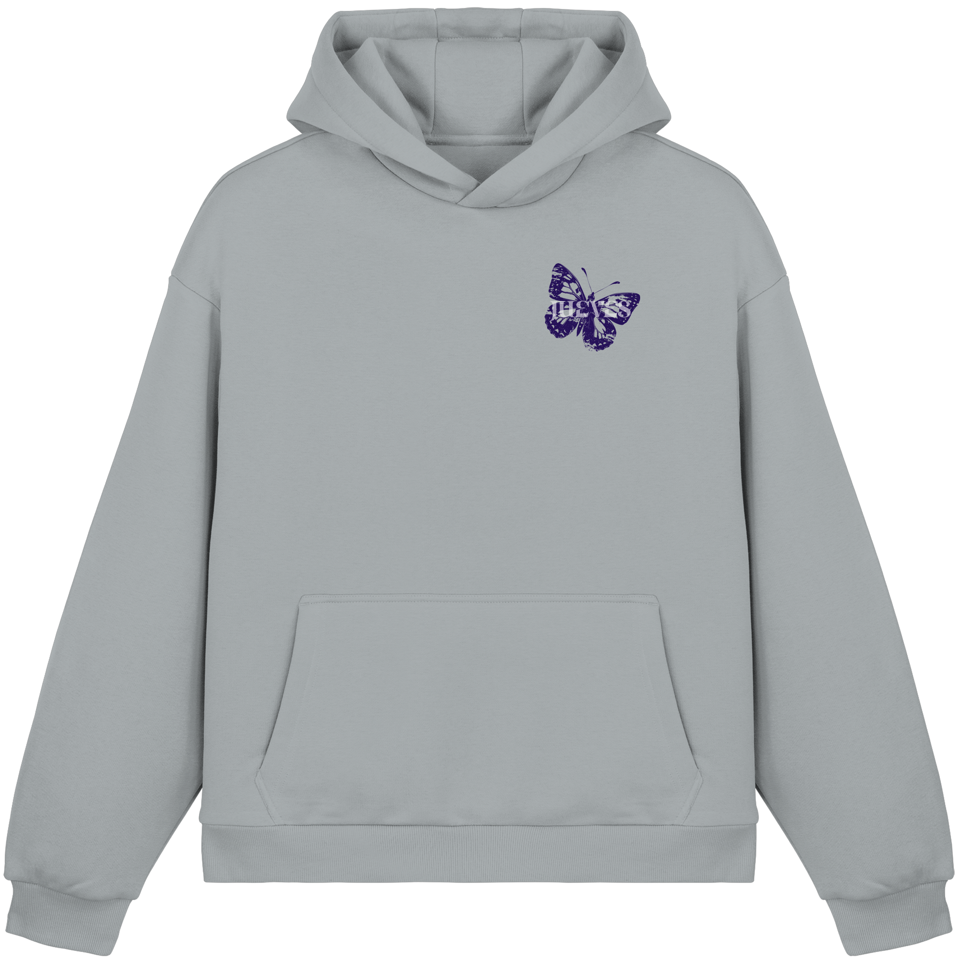 hellblauer Oversized Boxcut Hoodie von Jueves Apparel mit Brustdruck – nachhaltige Streetwear aus 70% Baumwolle