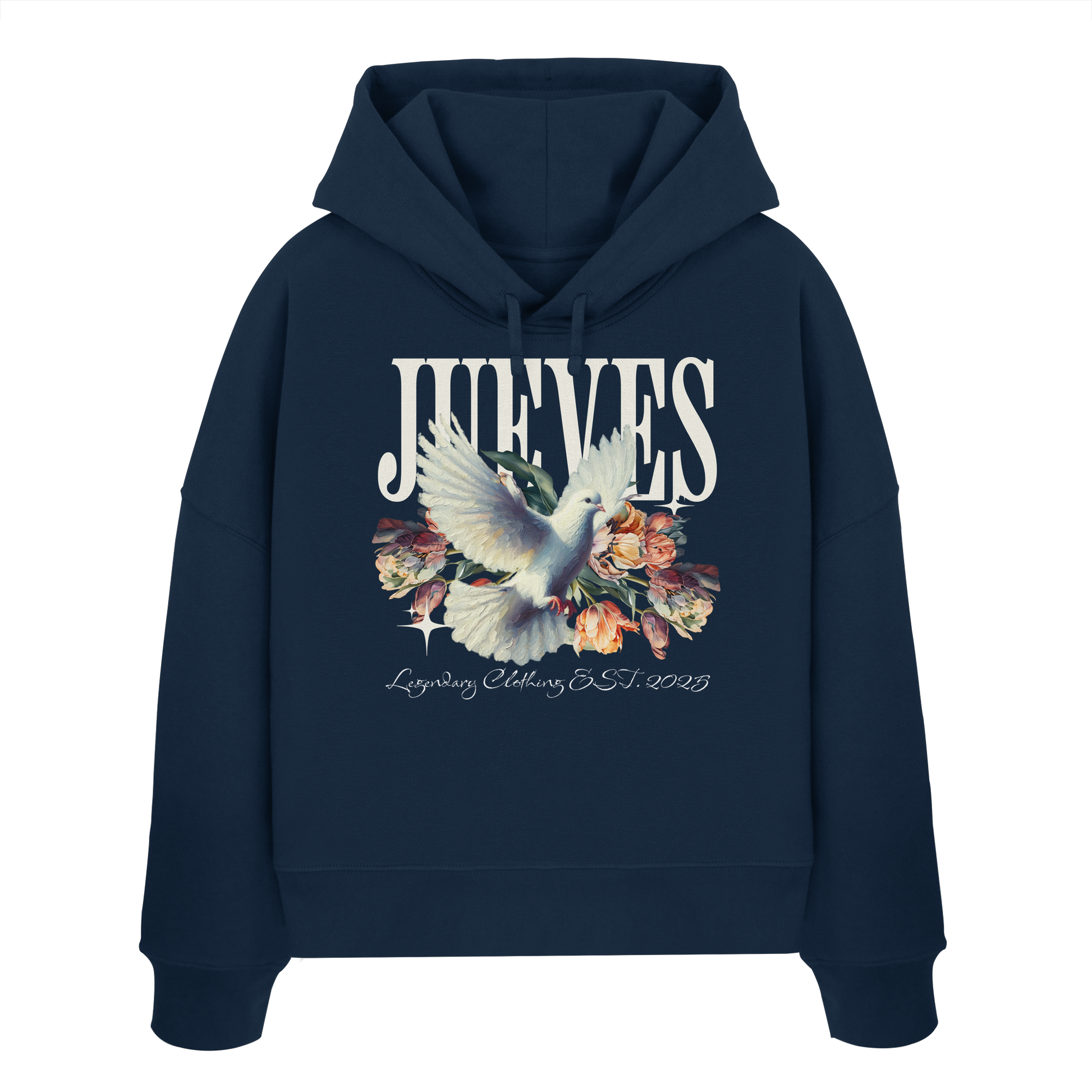 Frontansicht des blauen Damen oversized Boxcut Hoodies von Jueves Apparel mit oversized Schnitt, Druck auf der Brust– Streetwear aus 100 % Bio-Baumwolle, 300 g/m² Stoffgewicht.