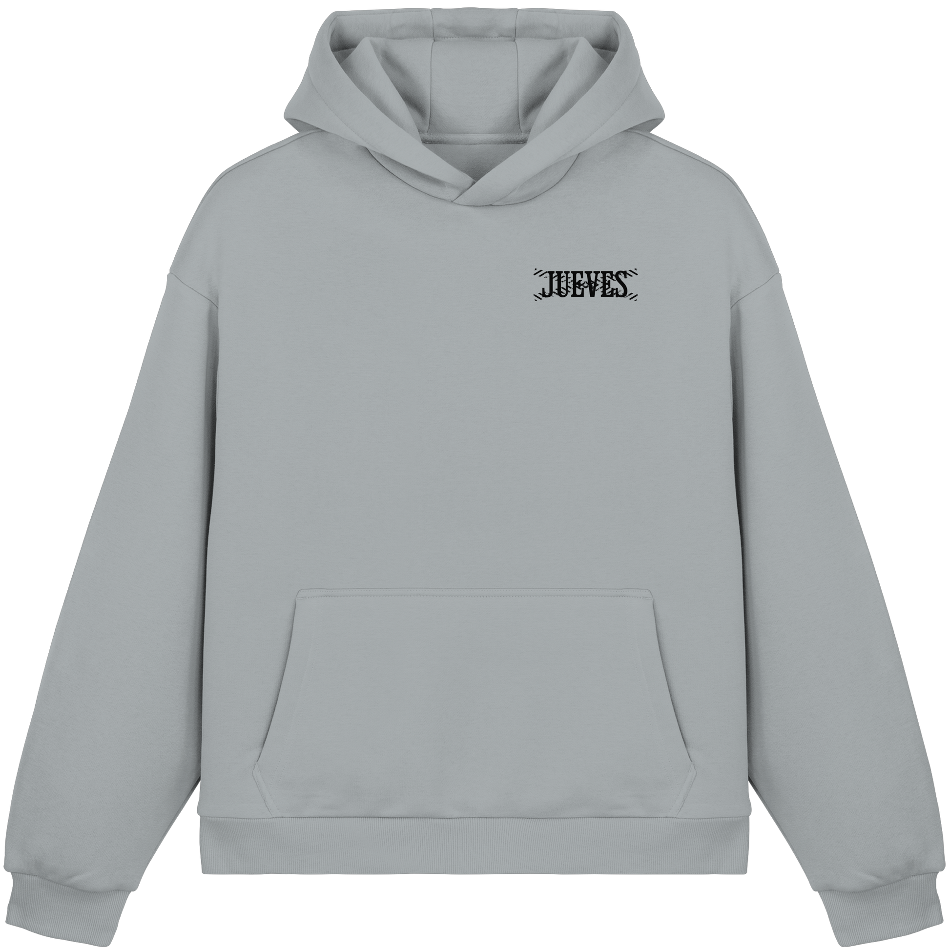 hellblauer Oversized Boxcut Hoodie von Jueves Apparel mit Brustdruck – nachhaltige Streetwear aus 70% Baumwolle